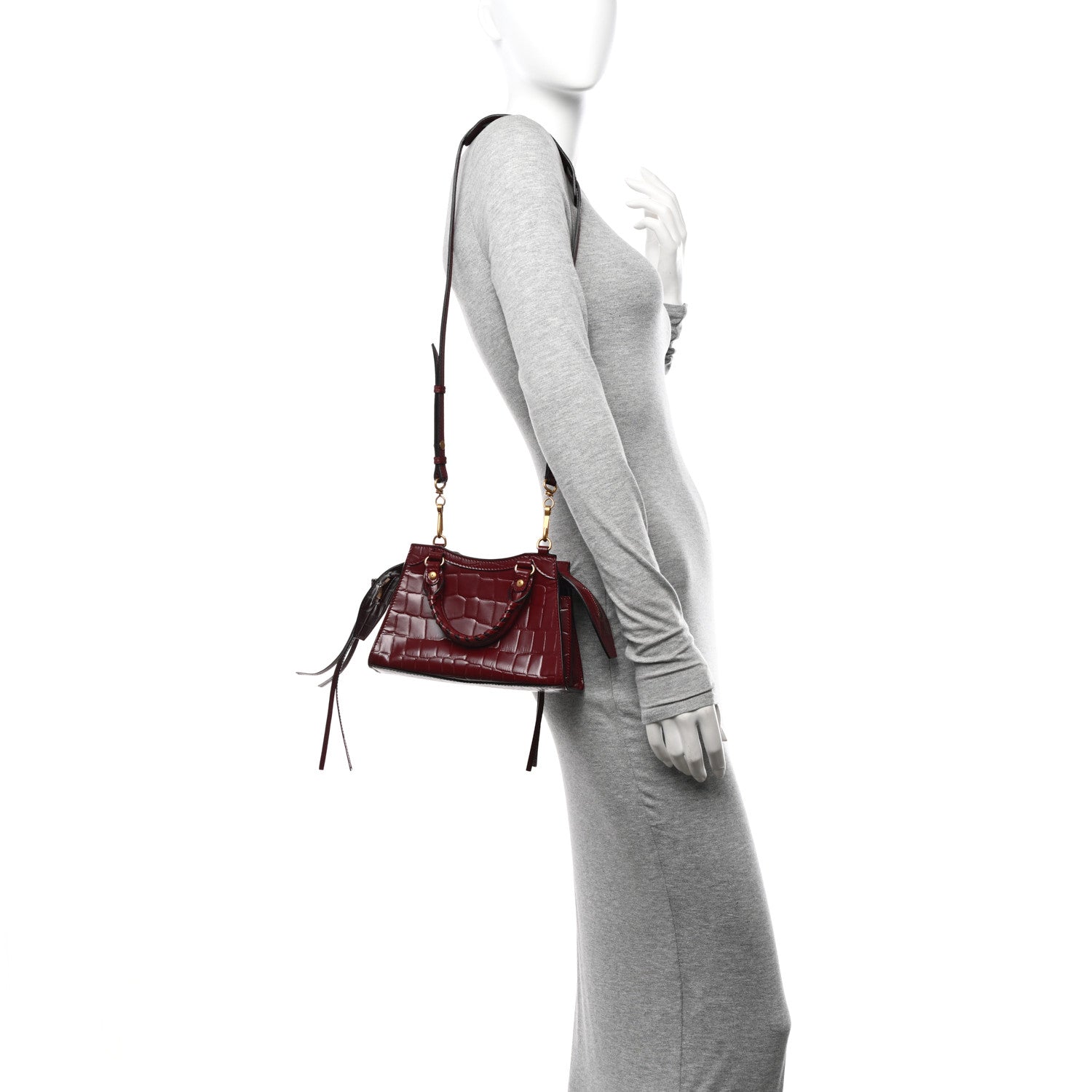 Balenciaga Semi Shiny Calfskin Crocodile Embossed Neo Classic Gold Hardware Mini City Dark Red 2 of 12