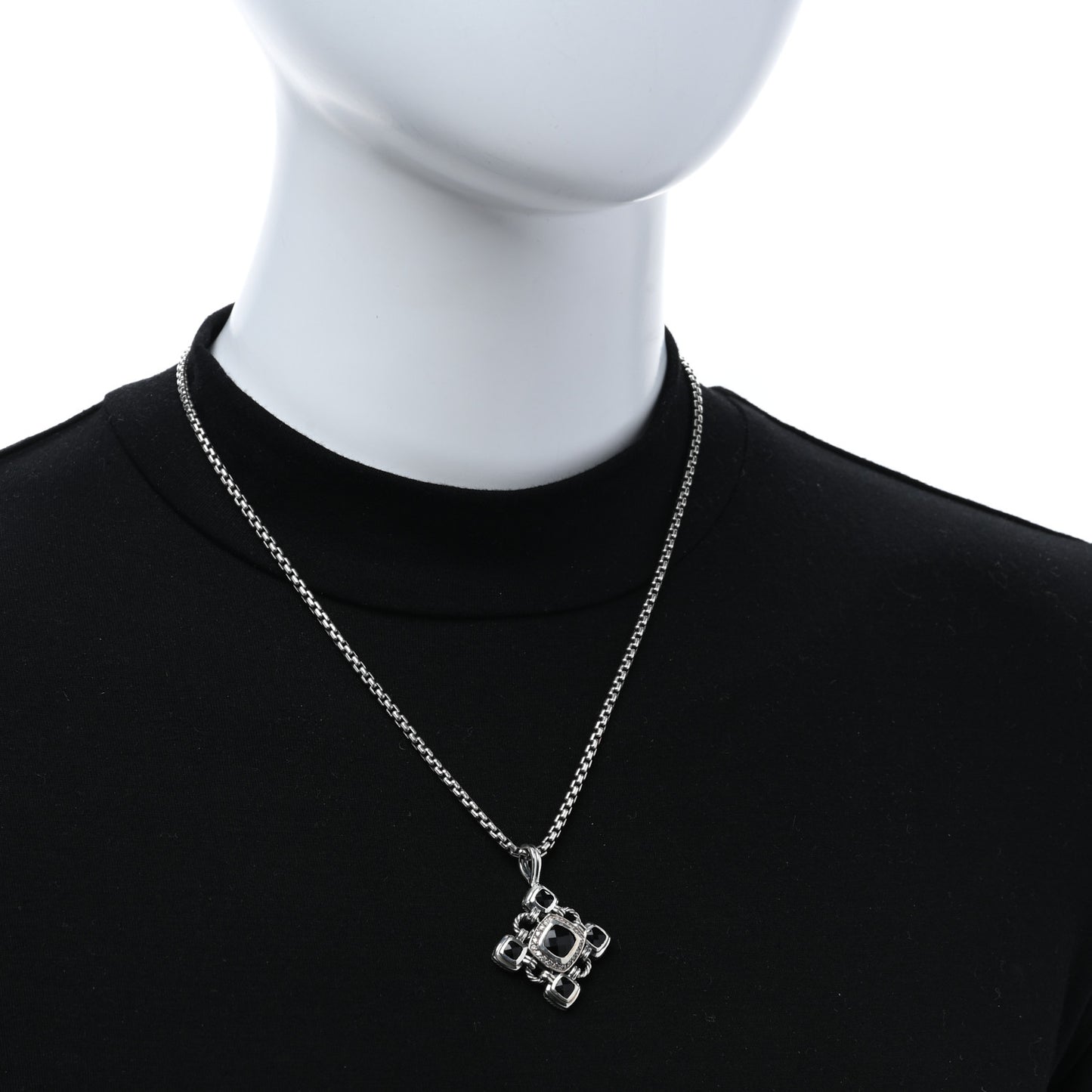 Sterling Silver Black Onyx Diamond Renaissance Cross Pendant Necklace
