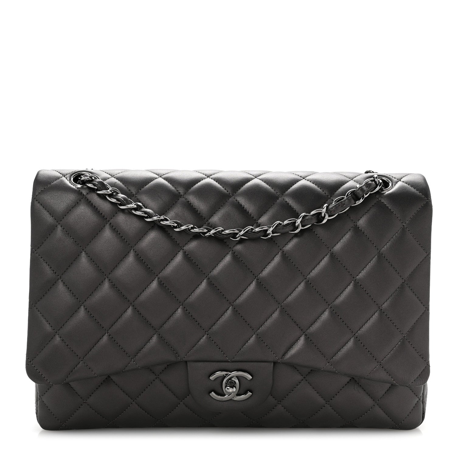 Chanel Metallic Lambskin Quilted Maxi Single Flap Dark Grey