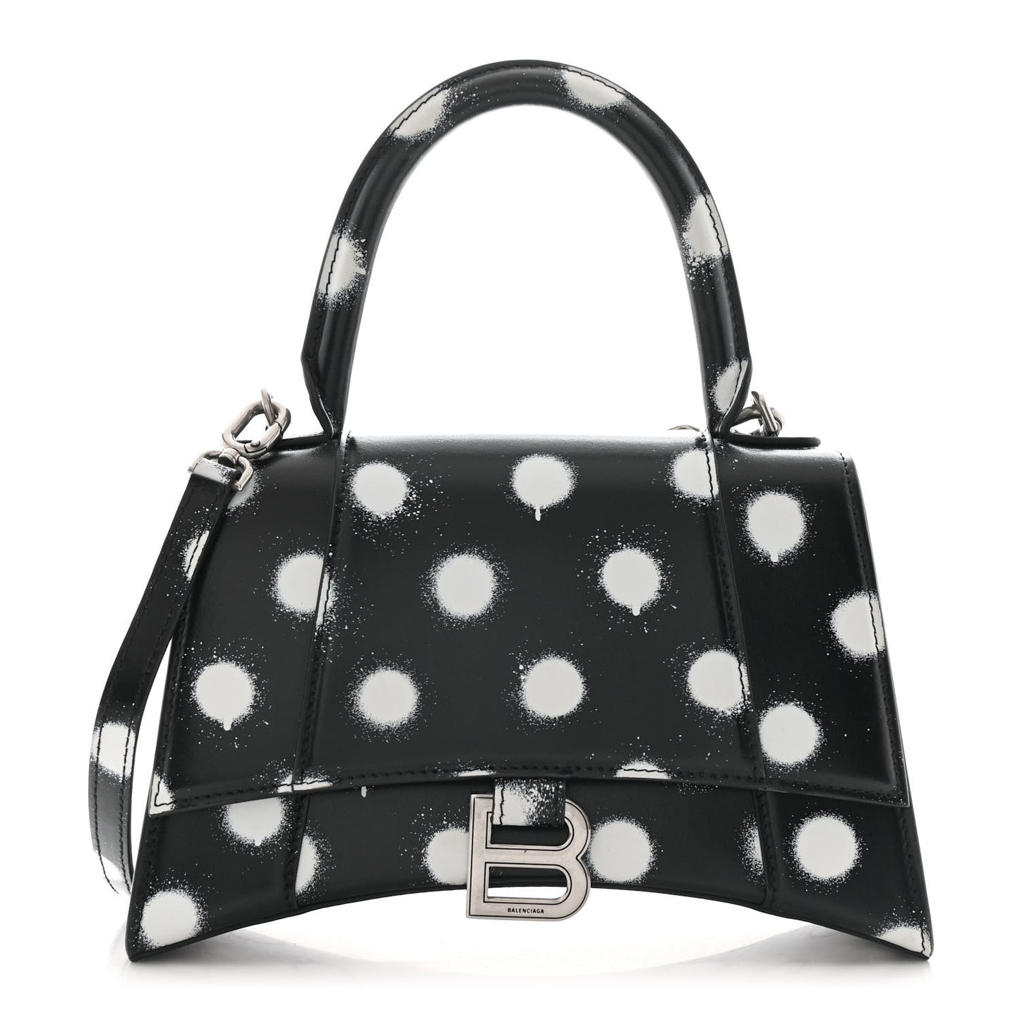 Smooth Calfskin Spray Polka Dot Small Hourglass Top Handle Bag Black White