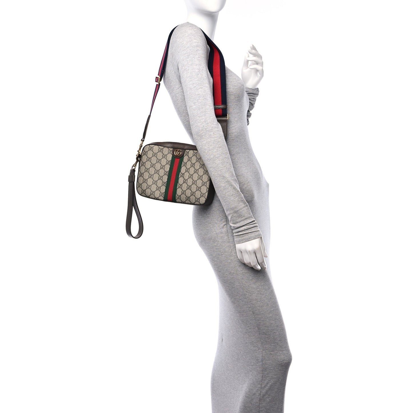 GG Supreme Monogram Textured Dollar Calfskin Web Ophidia Wristlet Shoulder Bag Beige Ebony New Acero