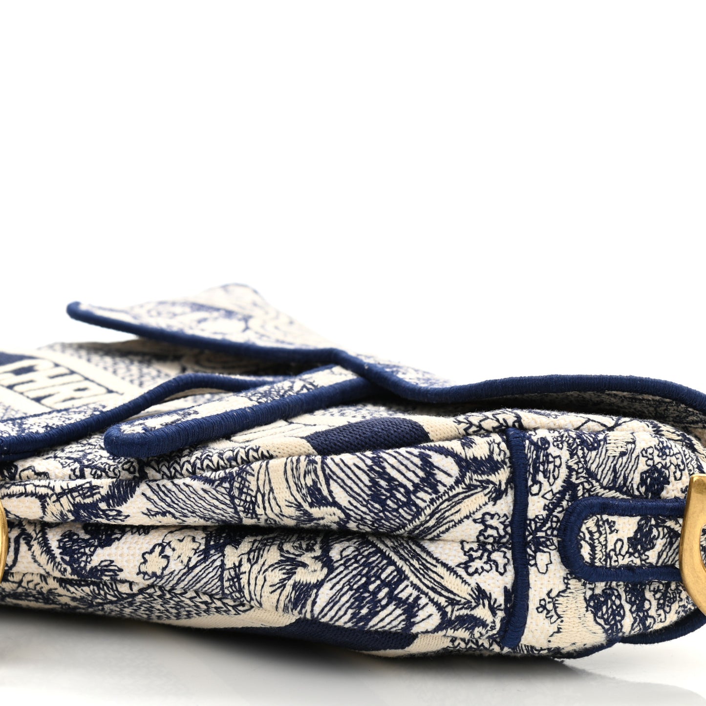 Canvas Embroidered Toile de Jouy Saddle Bag Blue