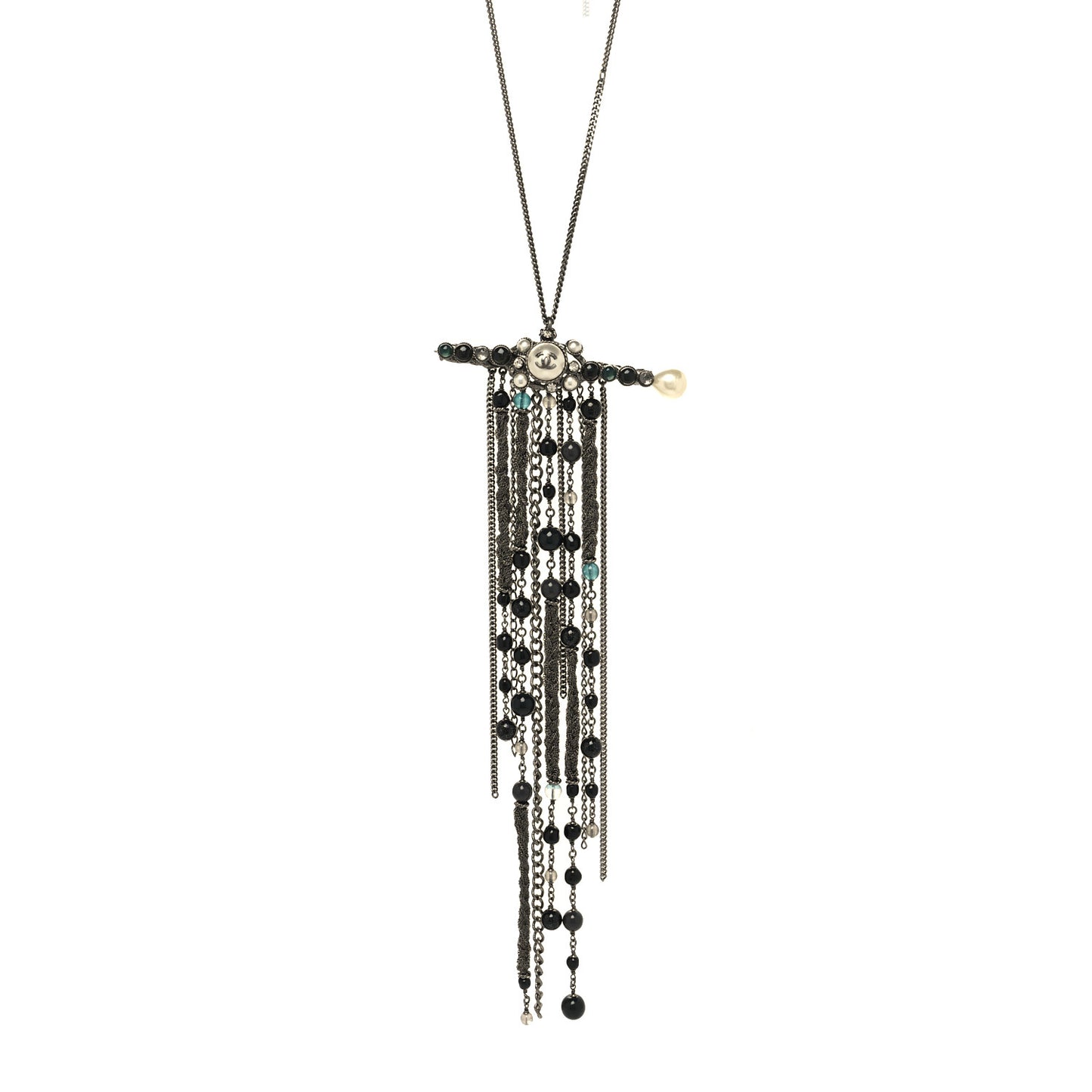 Ruthenium Crystal Pearl Beaded Enamel CC Multi Chain Bar Necklace Black