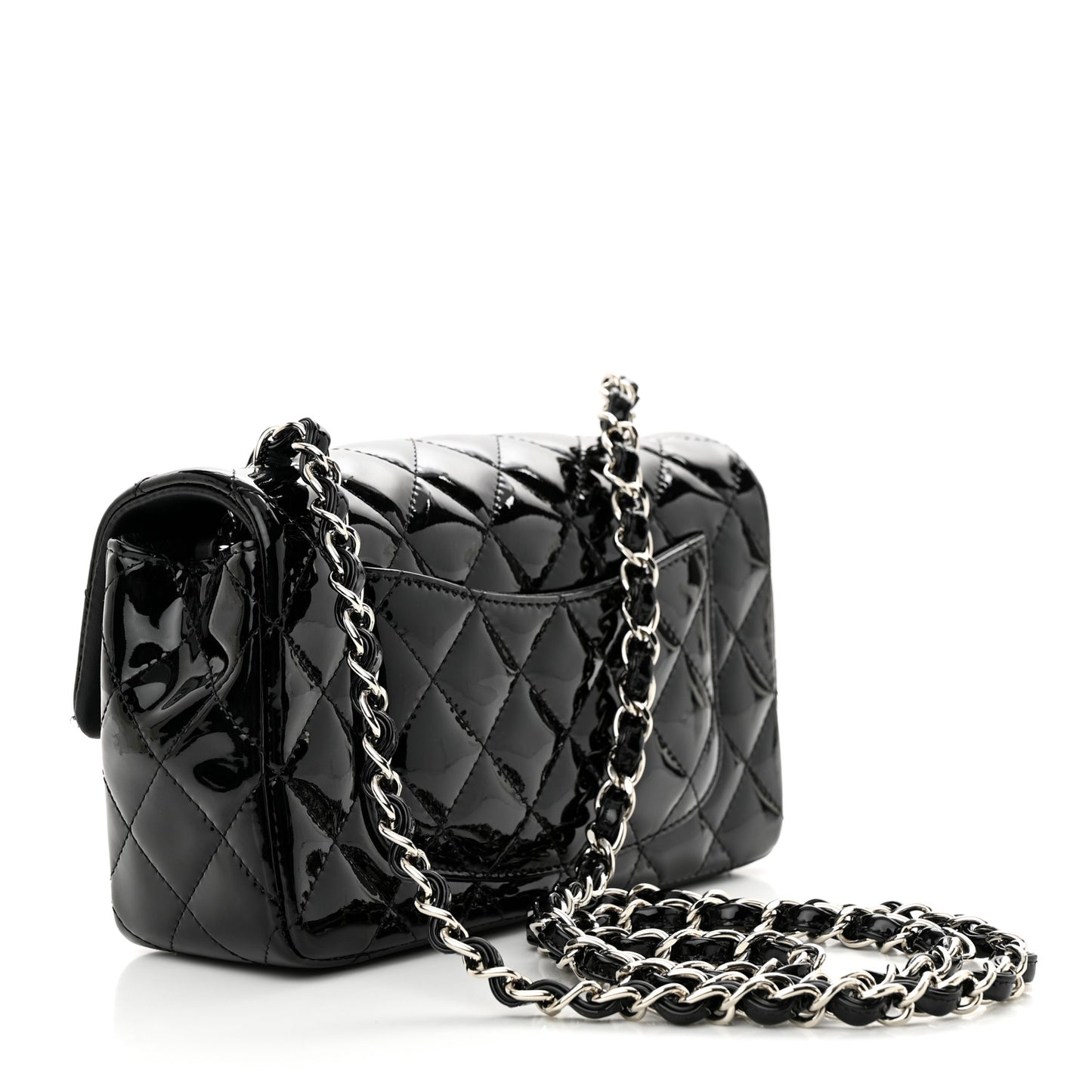 Patent Calfskin Quilted Mini Rectangular Flap Black