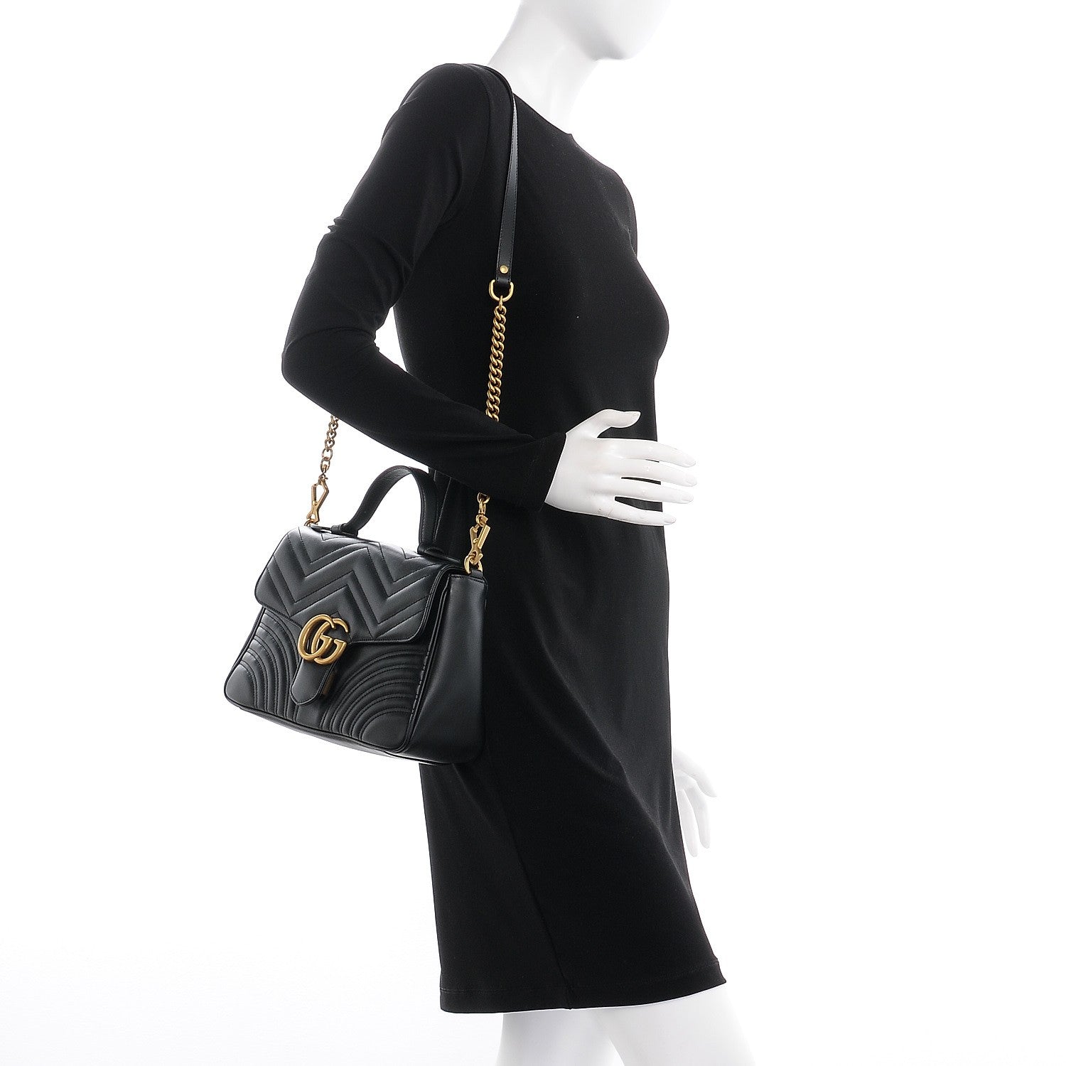 Gucci Calfskin Matelasse Small GG Marmont Top Handle Shoulder Bag Black 2 of 8