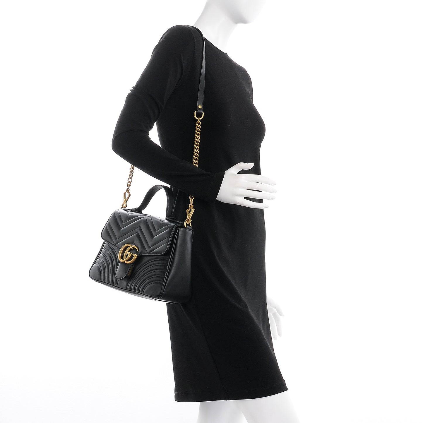 Calfskin Matelasse Small GG Marmont Top Handle Shoulder Bag Black