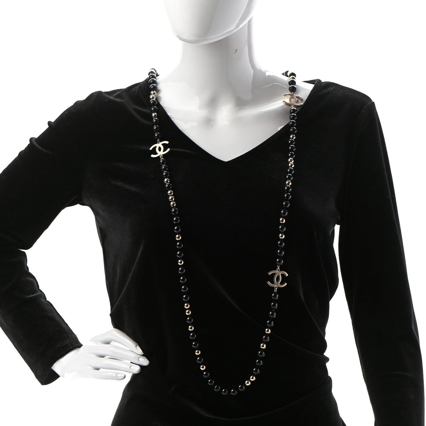 Beaded CC Long Necklace Black Gold