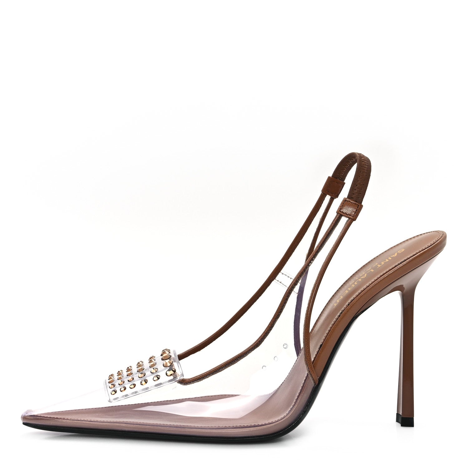 Saint Laurent Calfskin PVC Jive 105 Rhinestone Pump 38.5 Macadamia
