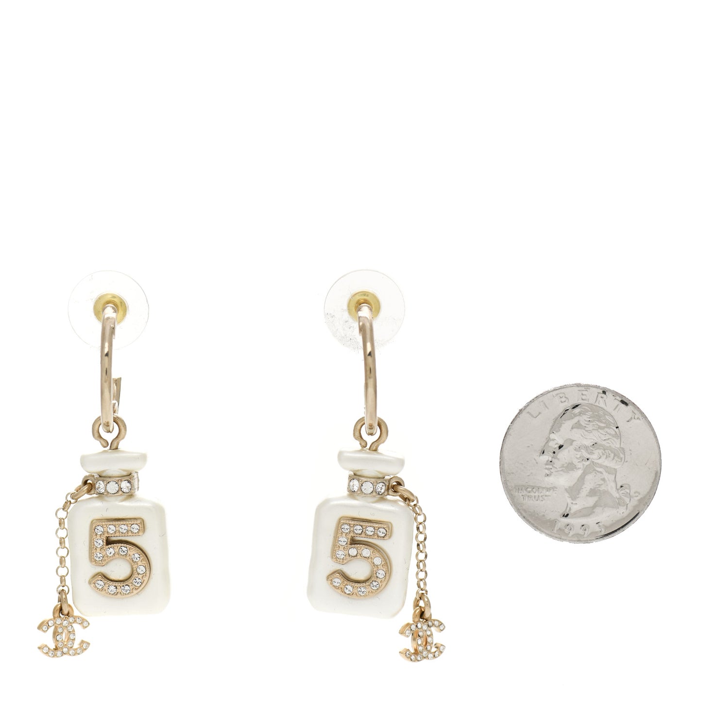 Pearl Resin Crystal CC No 5 Perfume Bottle Drop Earrings Gold Pearly White