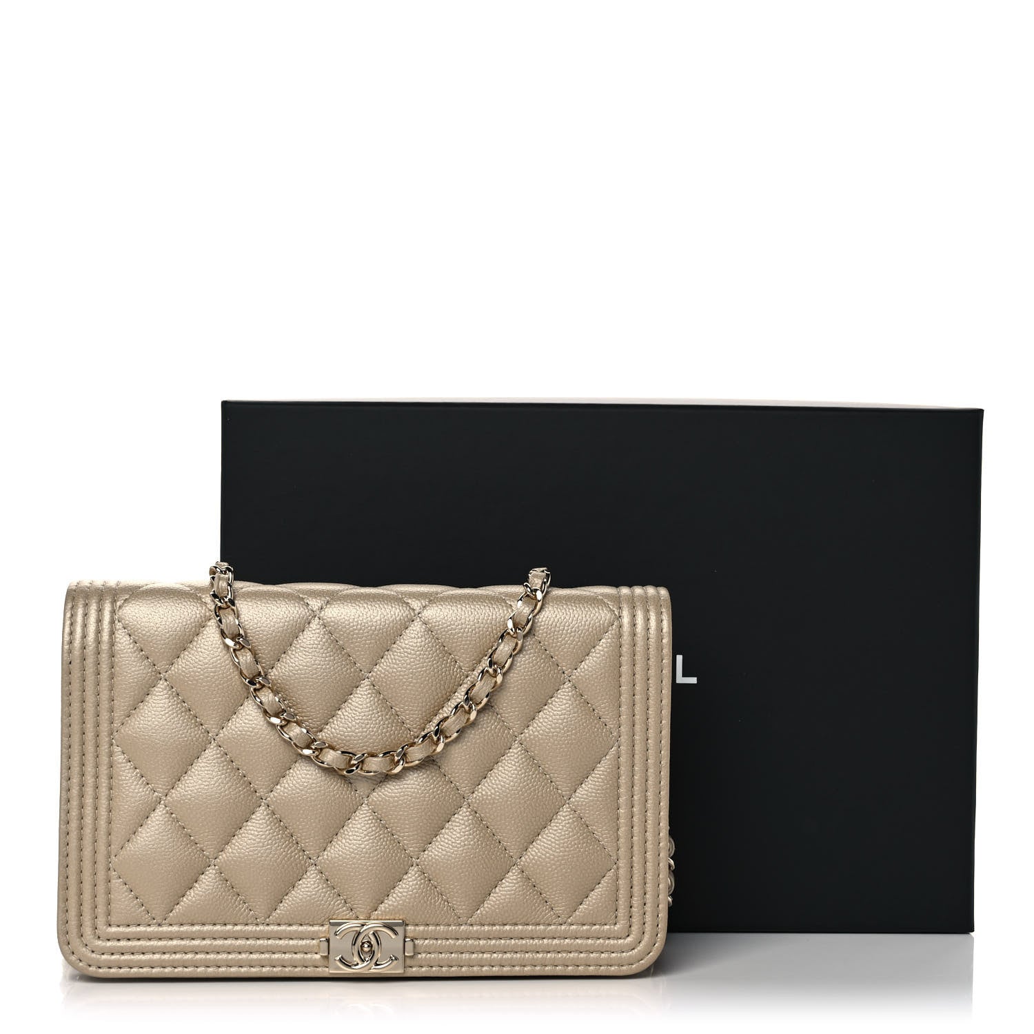 Chanel Metallic Caviar Quilted Boy Wallet On Chain WOC Light Gold 10 of 10