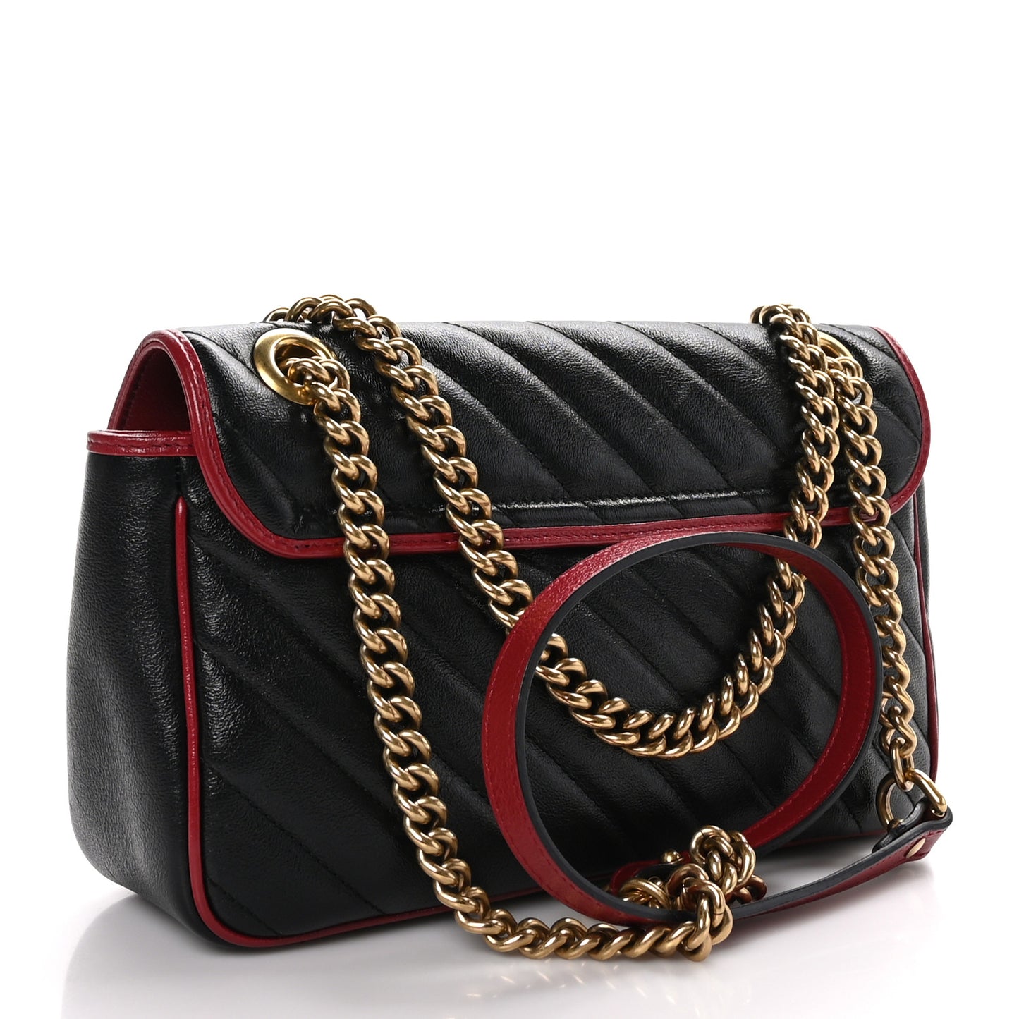 Vintage Effect Calfskin Matelasse Diagonal Small Torchon GG Marmont Shoulder Bag Black Romantic Cherry