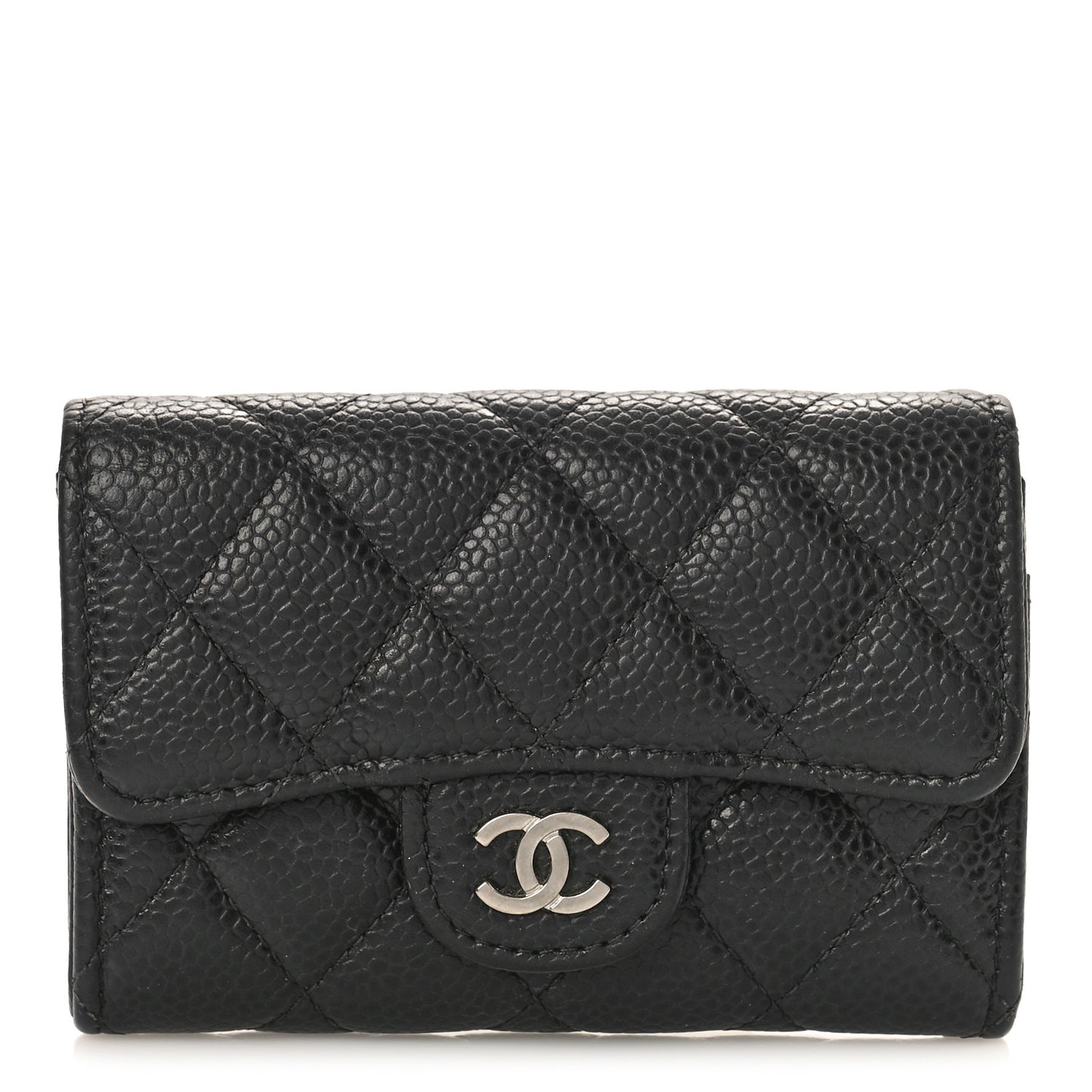 Caviar Quilted Flap Card Holder Wallet Black