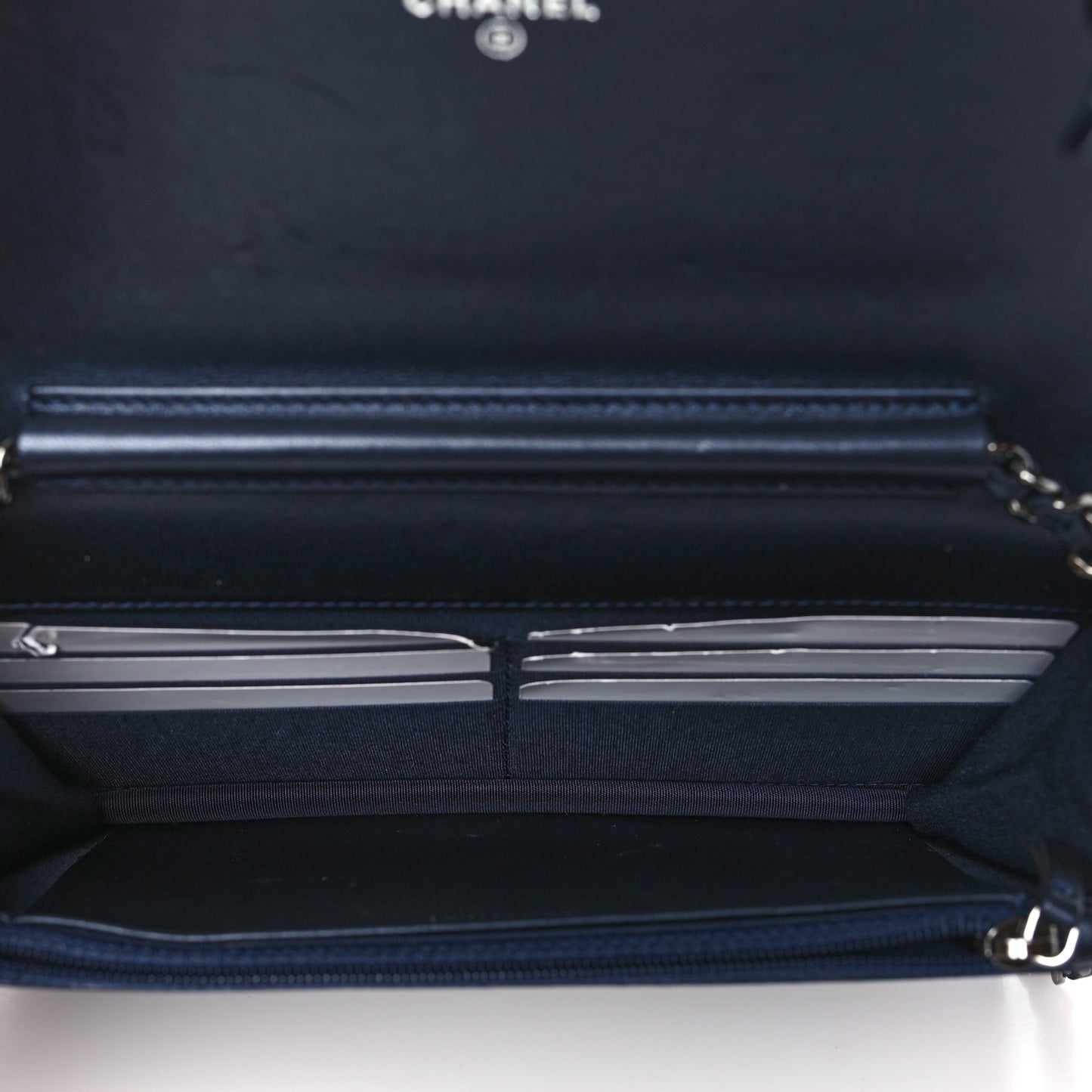 Lambskin Chevron Quilted Studded Wallet On Chain WOC Navy