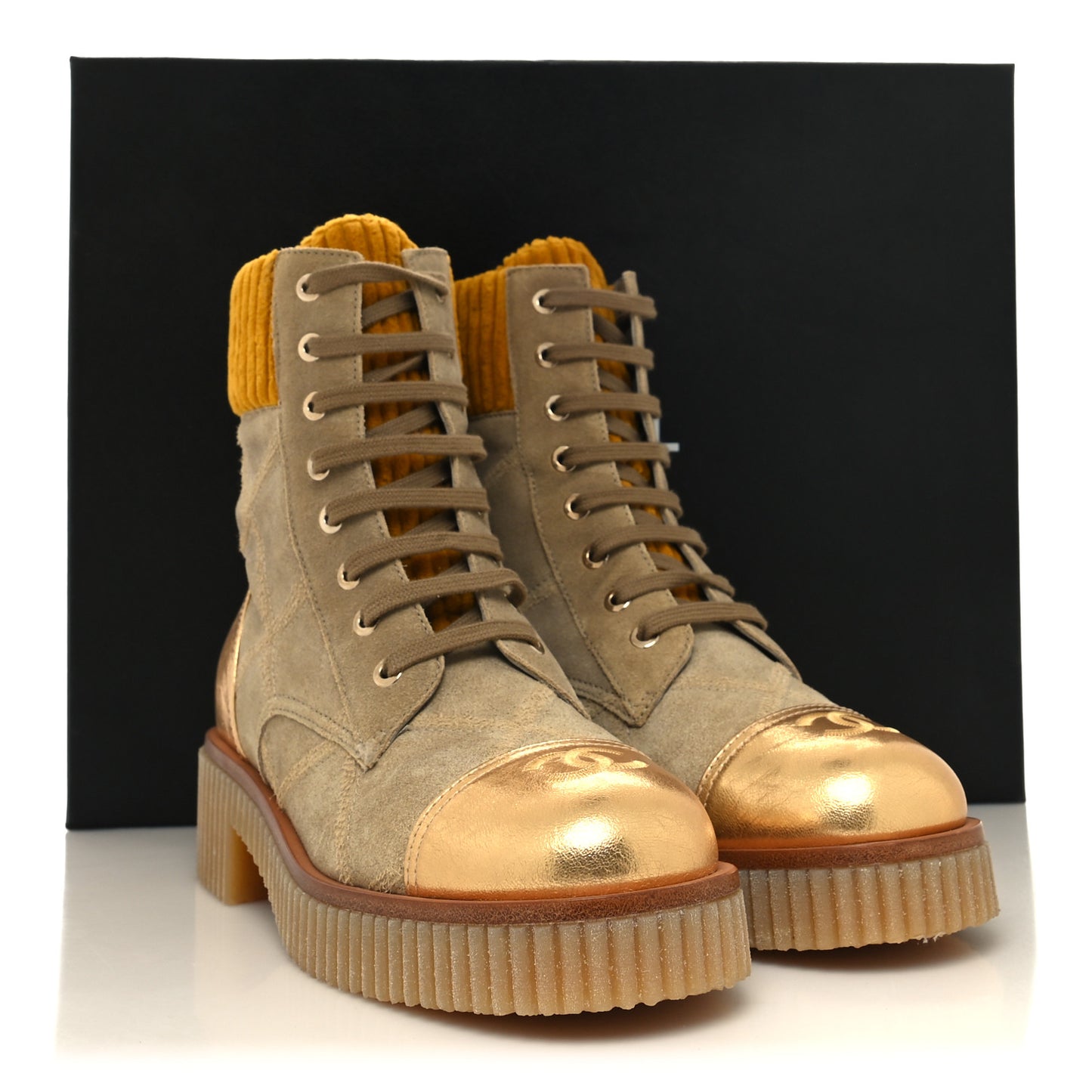 Suede Calfskin Velvet Laminated Quilted CC Combat Boots 38 Beige Yellow Gold
