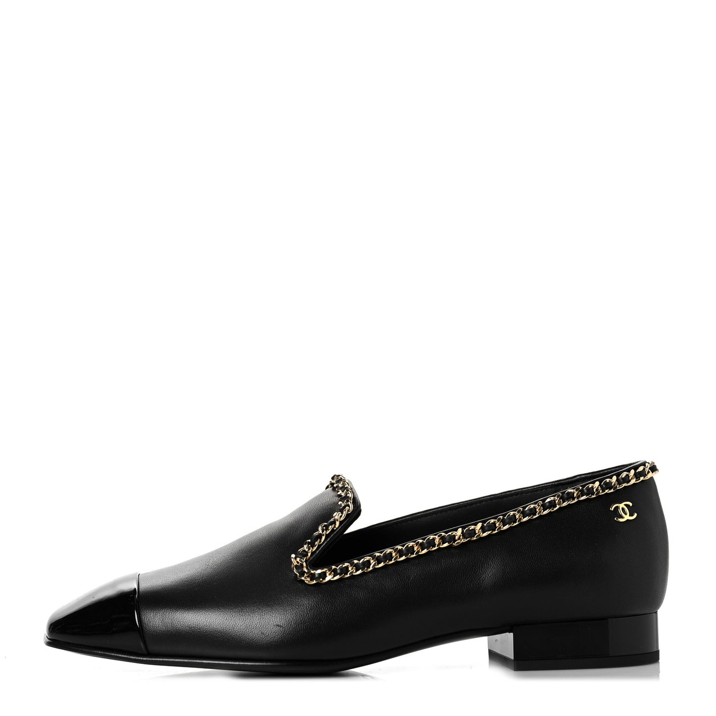 Lambskin Patent Calfskin Chain Cap Toe Loafer 36.5 Black