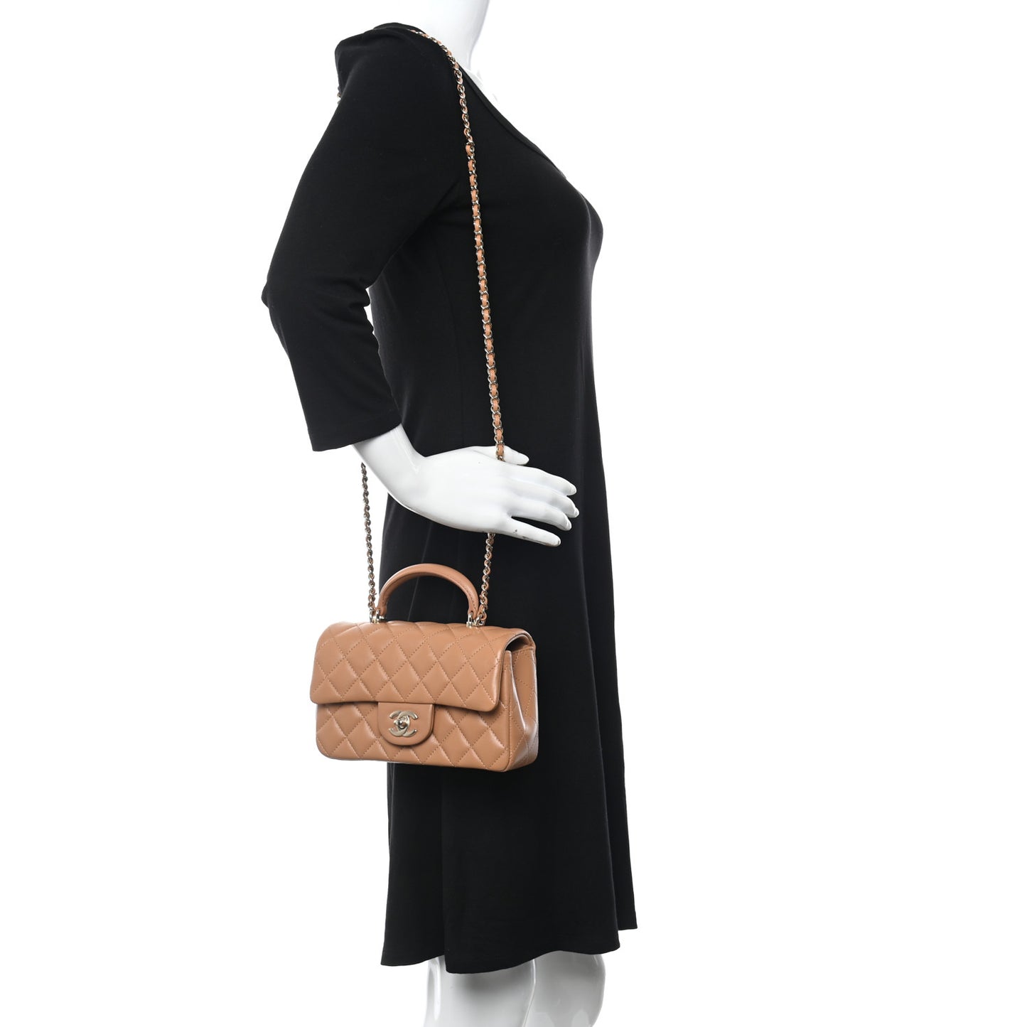 Lambskin Quilted Mini Top Handle Rectangular Flap Light Brown