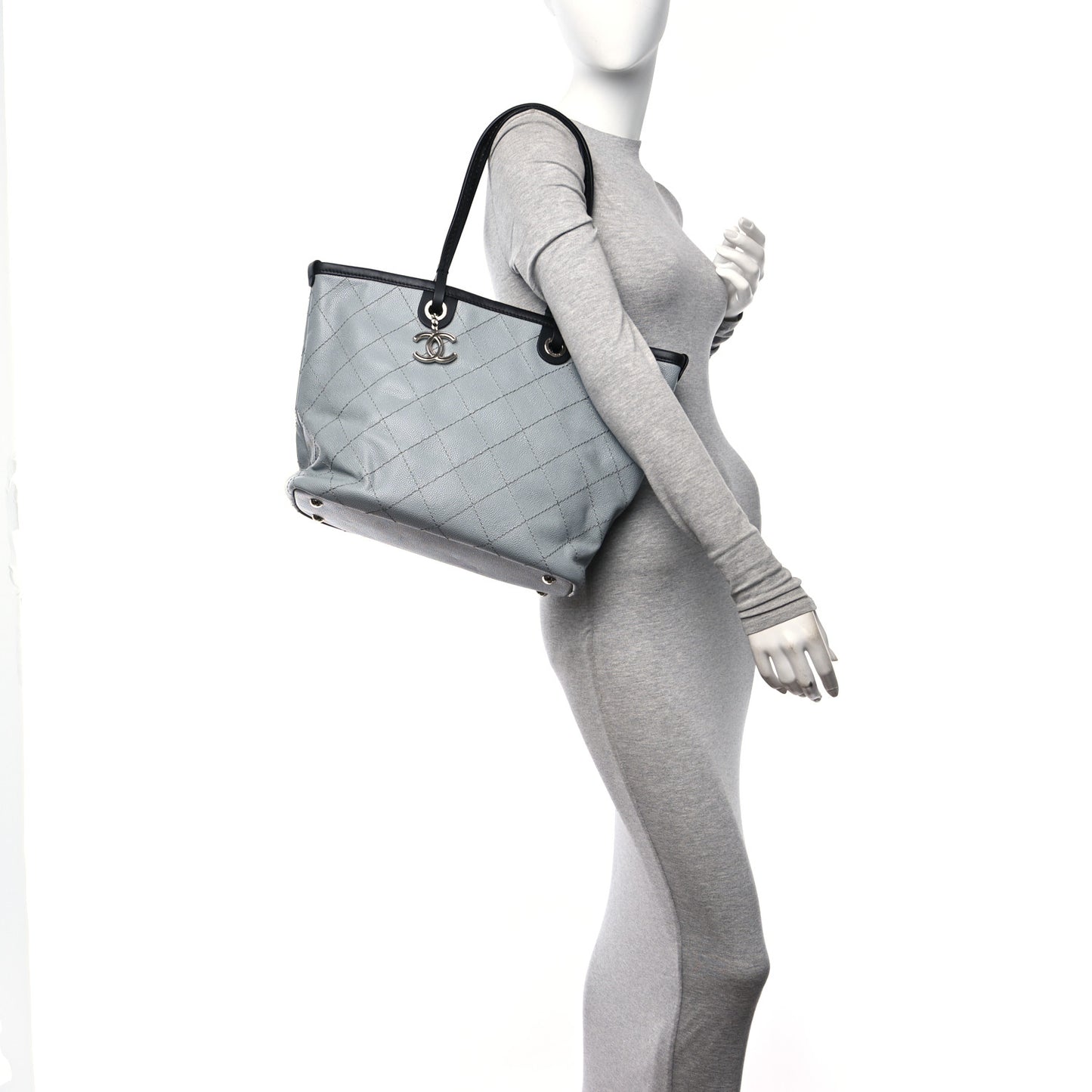 Grained Calfskin Shopping Fever Tote Grey Black