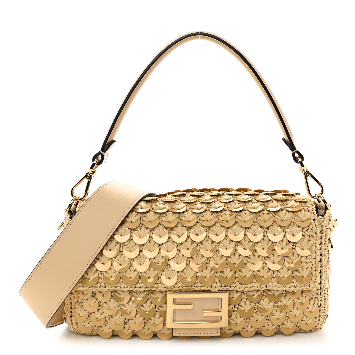 Fendi ゴールド パーティーバッグ Fendi Sequin Macrame Baguette Beige Gold 1506133 – FASHIONPHILE