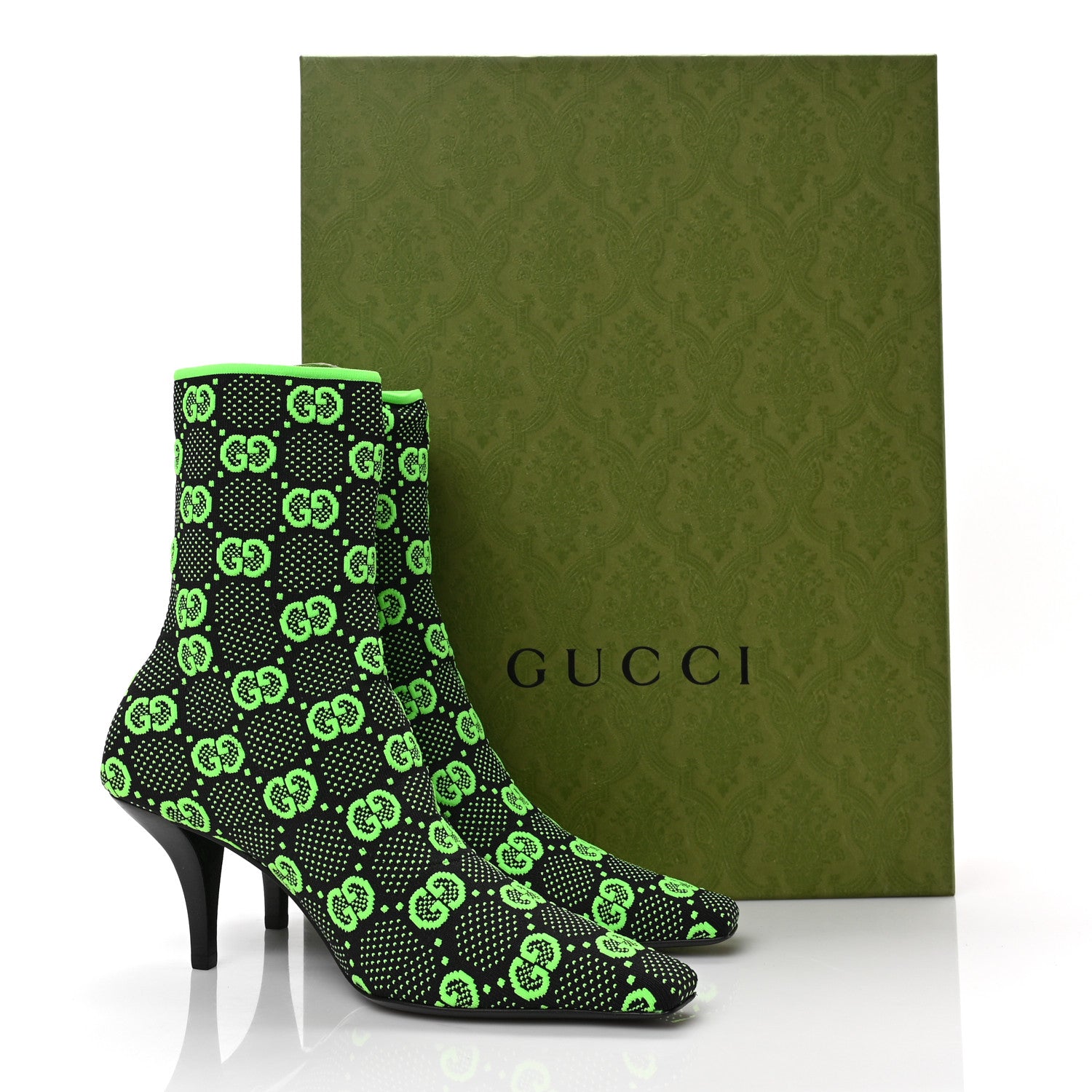 Gucci Technical Jersey Knit GG Monogram Square G 75mm Ankle Boots 37 Black Neon Green 7 of 7