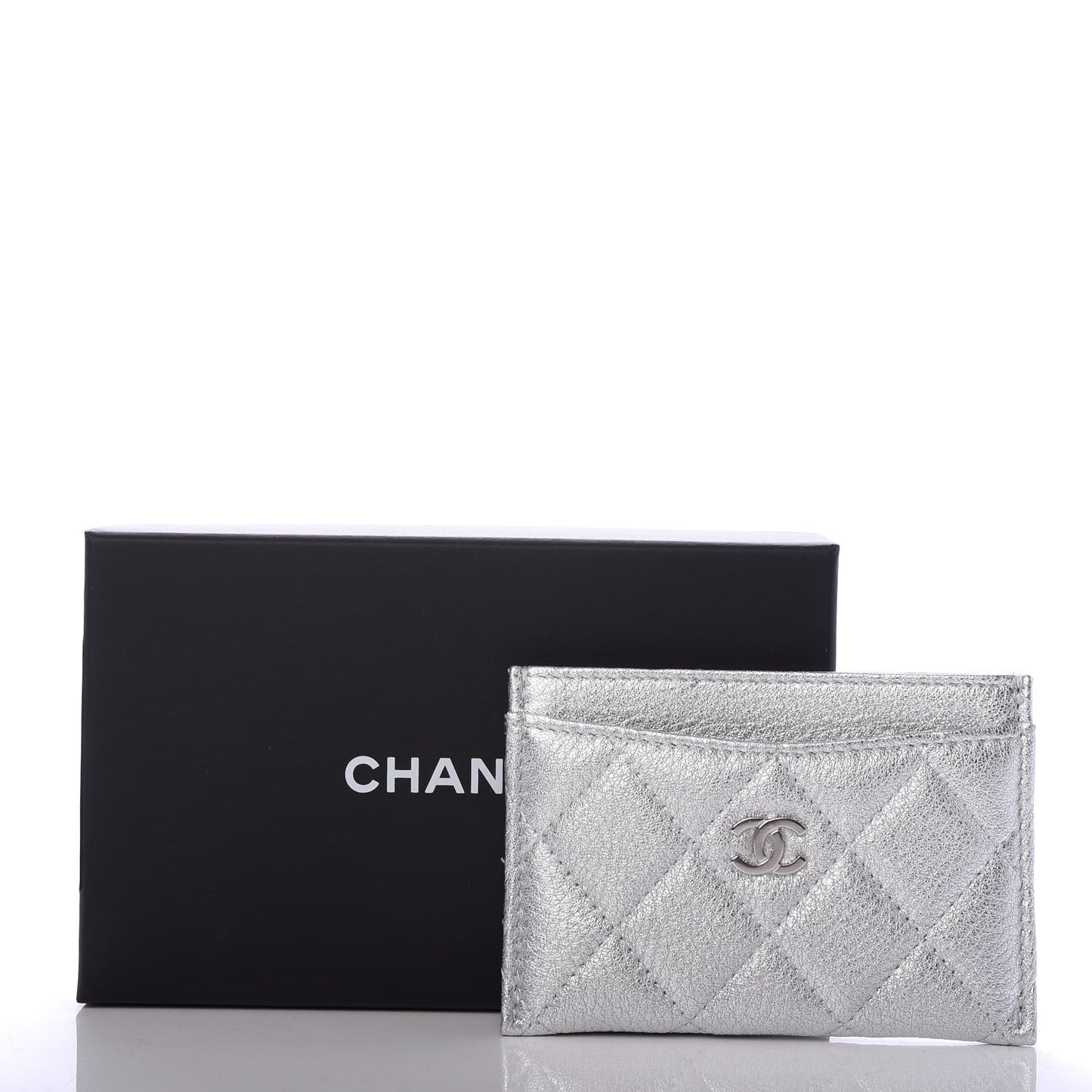 Metallic Lambskin Quilted Card Holder Silver