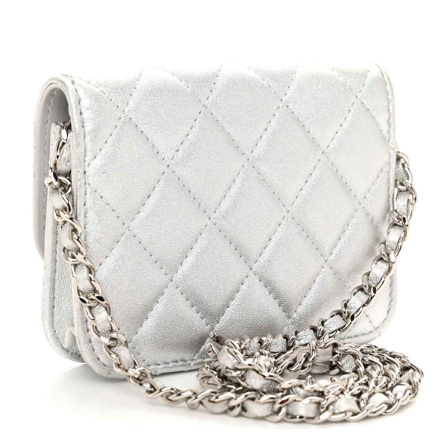 Metallic Lambskin Crystal Quilted Star Chain Belt Bag Silver