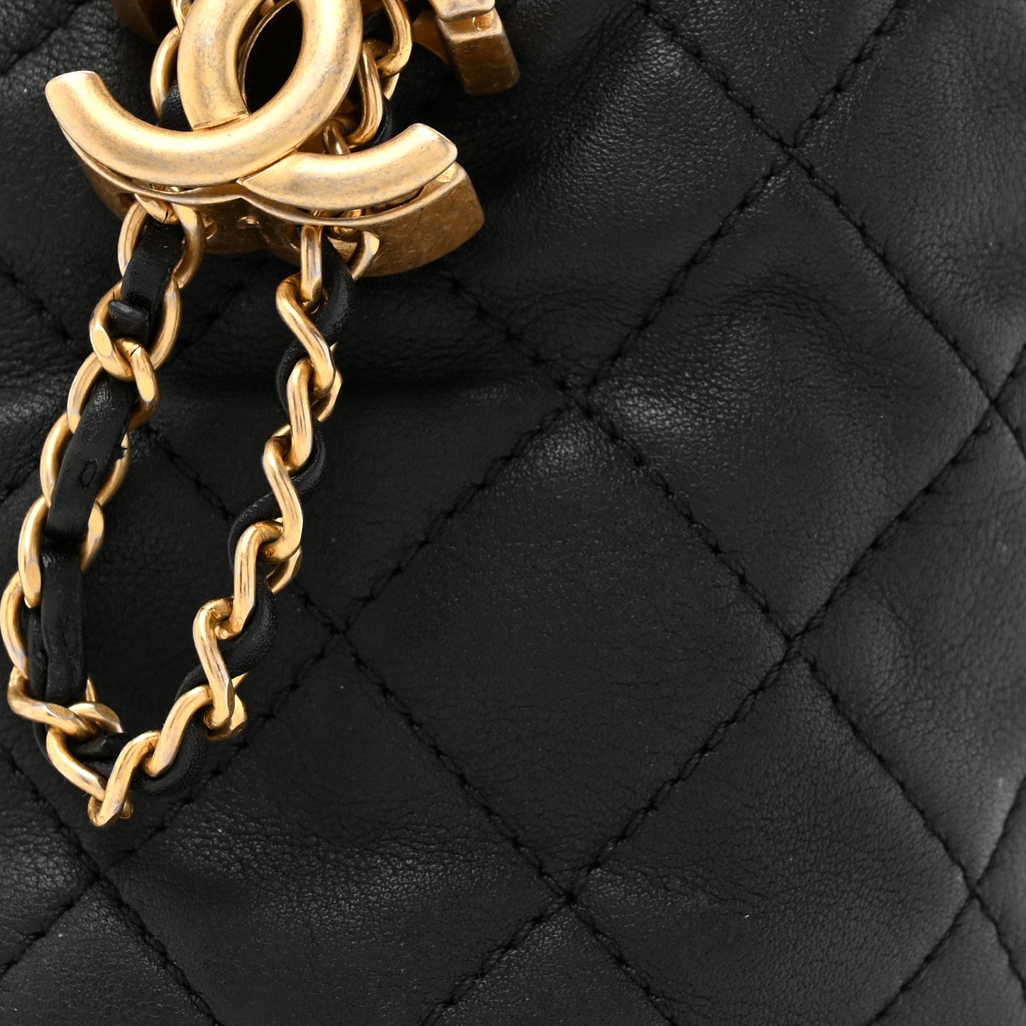 Calfskin Quilted Pearl Mini About Pearls Drawstring Bucket Bag Black