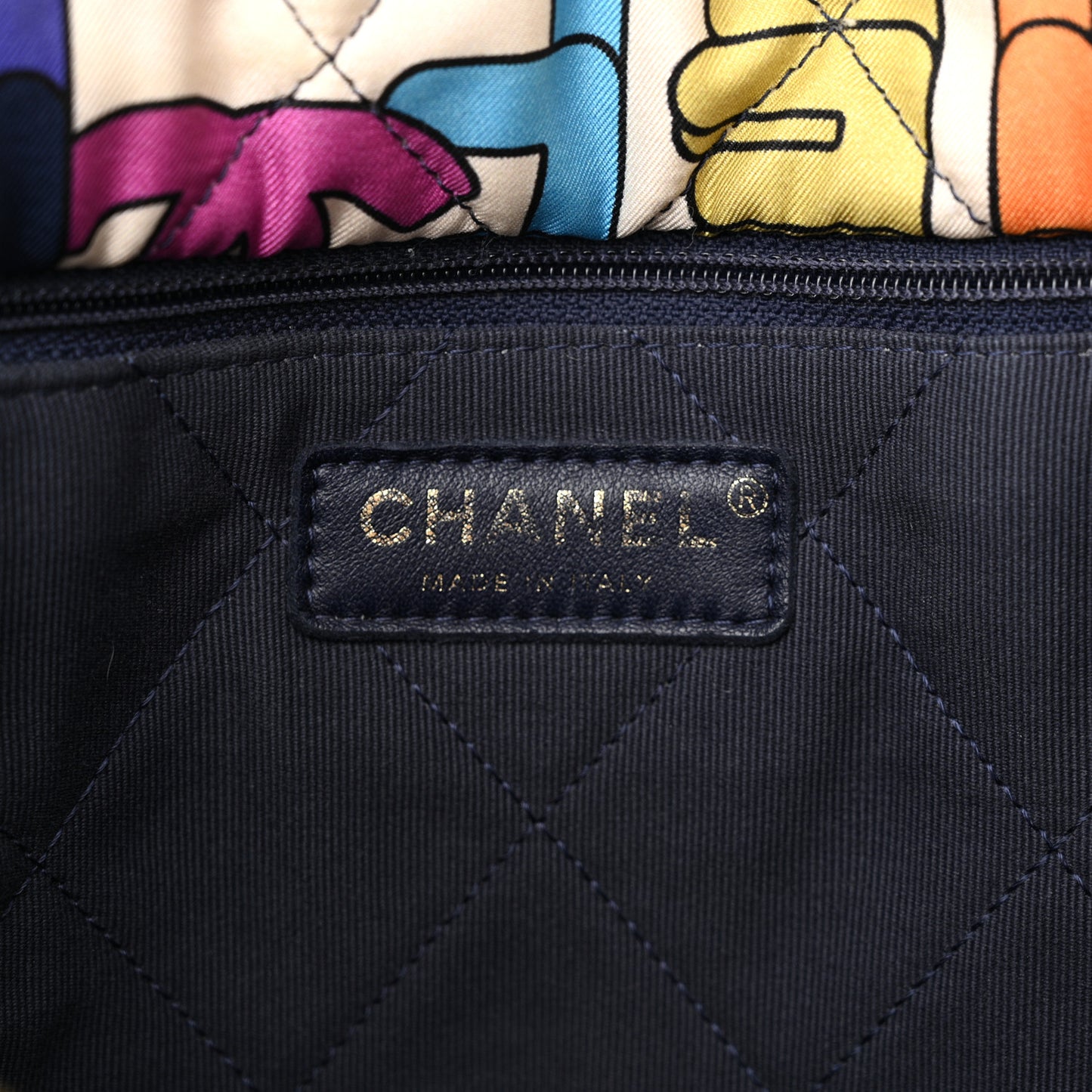 Printed Fabric Quilted Logo Large Shopping Tote Multicolor