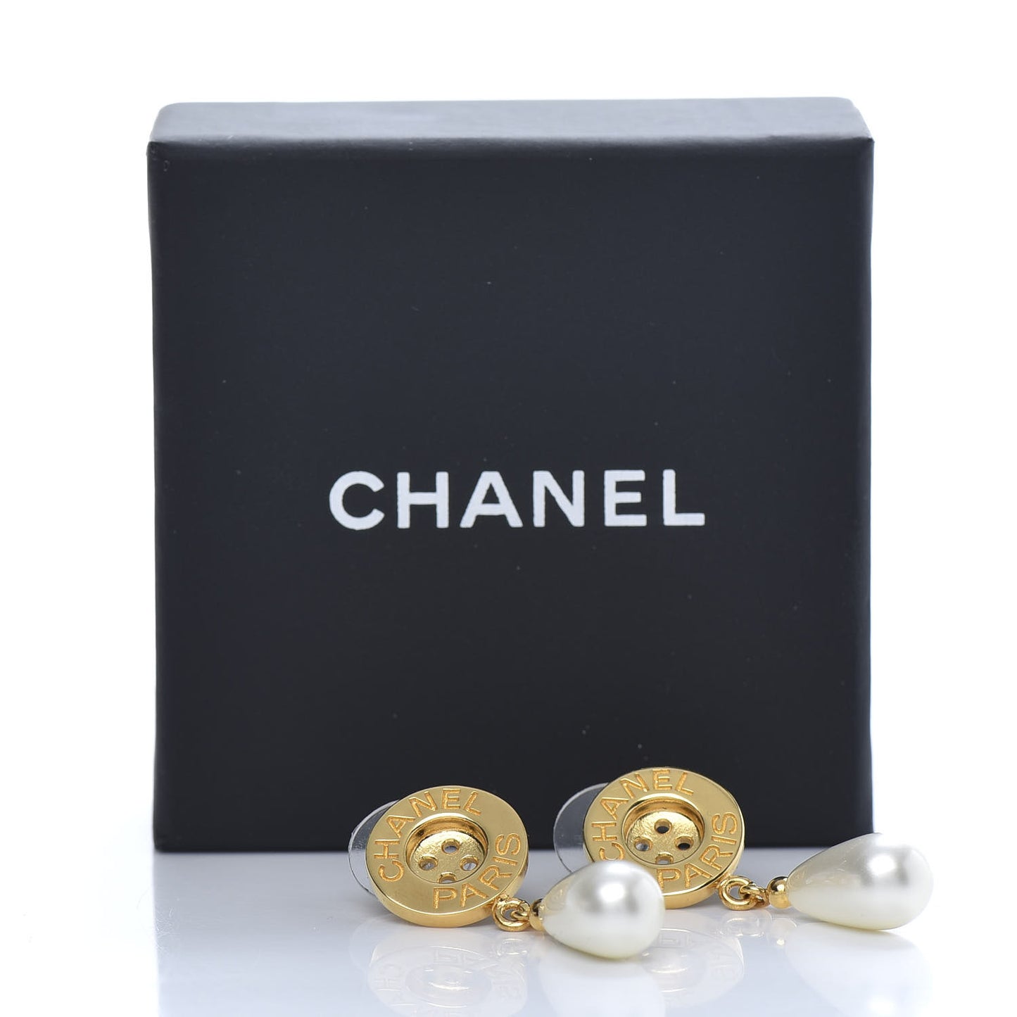Metal Pearl Paris Button Drop Earrings Gold
