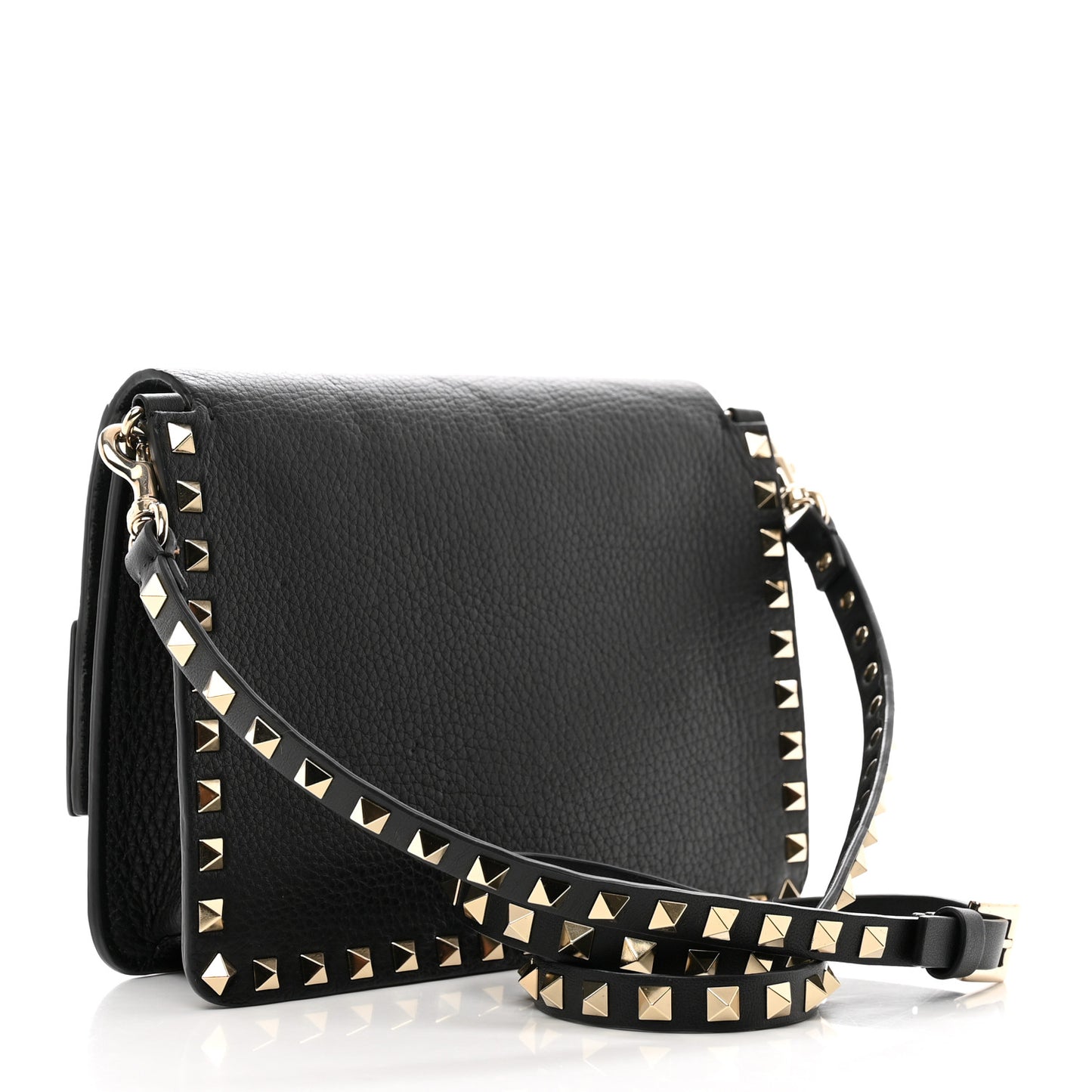 Pebbled Calfskin Rockstud Side Slip Crossbody Black