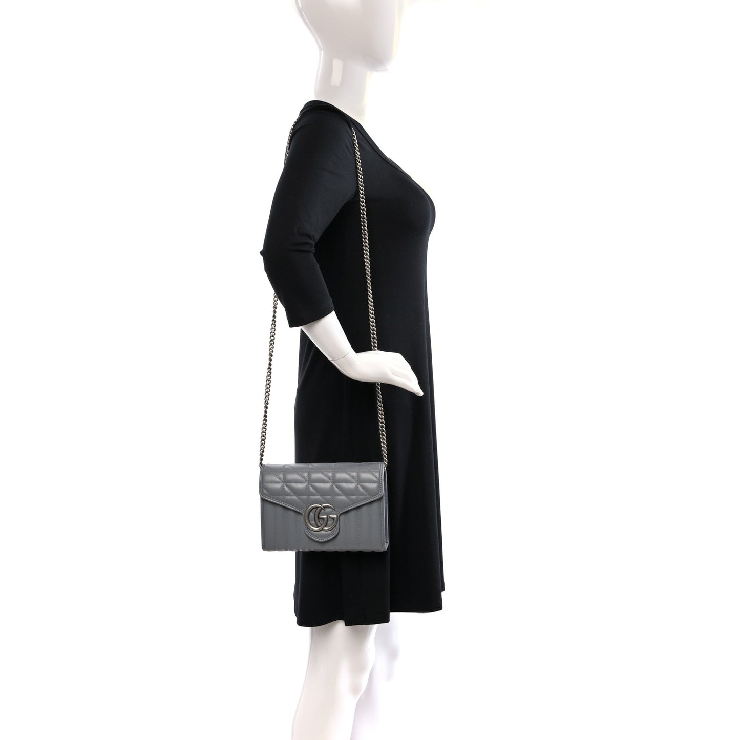 Calfskin Matelasse Aria GG Marmont Chain Wallet Deep Grey