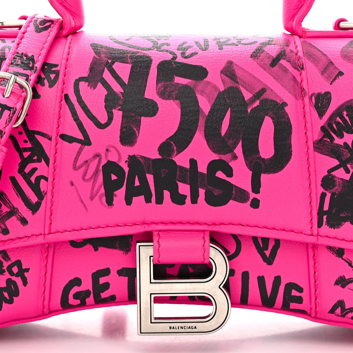 Smooth Calfskin Graffiti Hourglass Top Handle Bag XS Acid Fuchsia Black