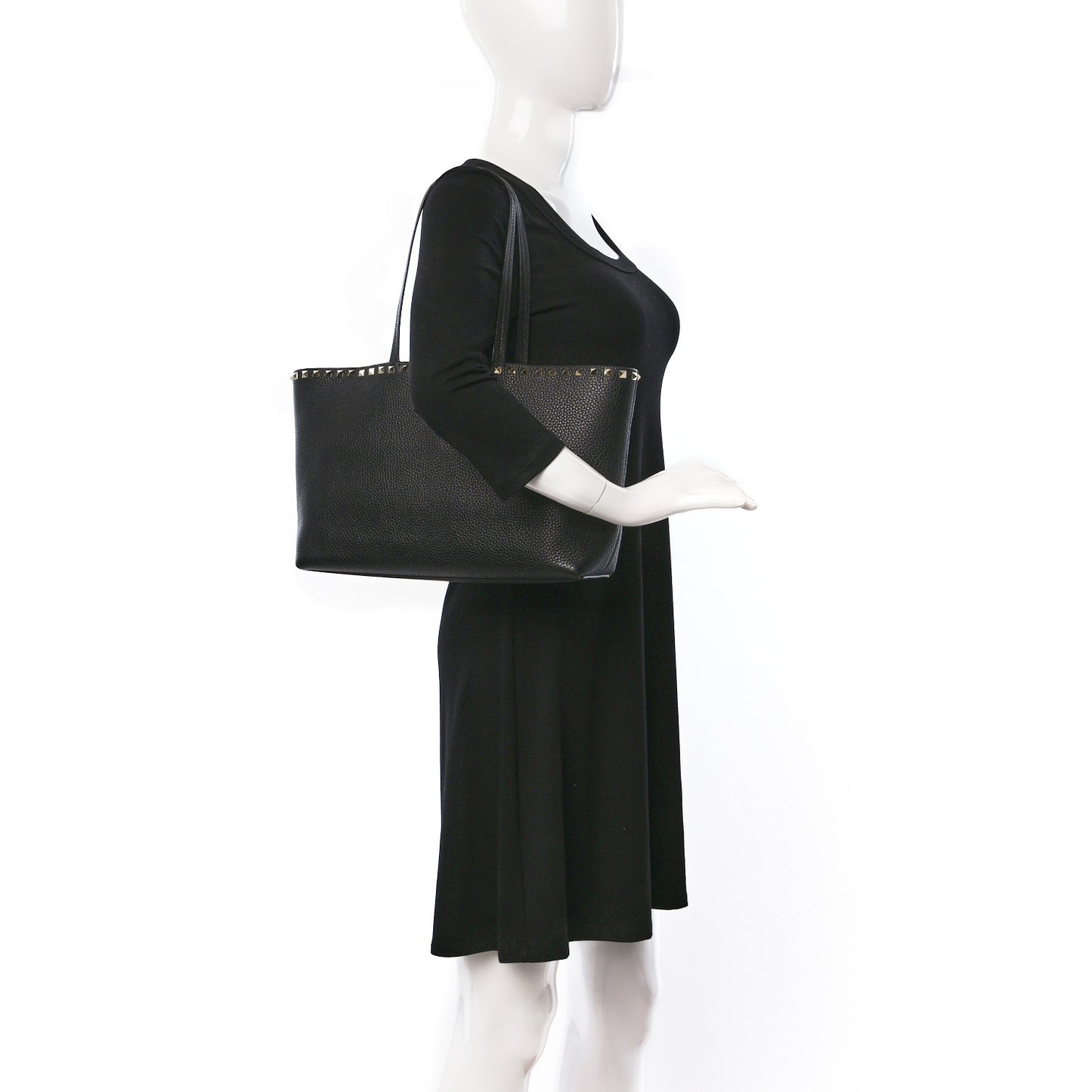 Grained Calfskin Small Rockstud Shoulder Tote Black