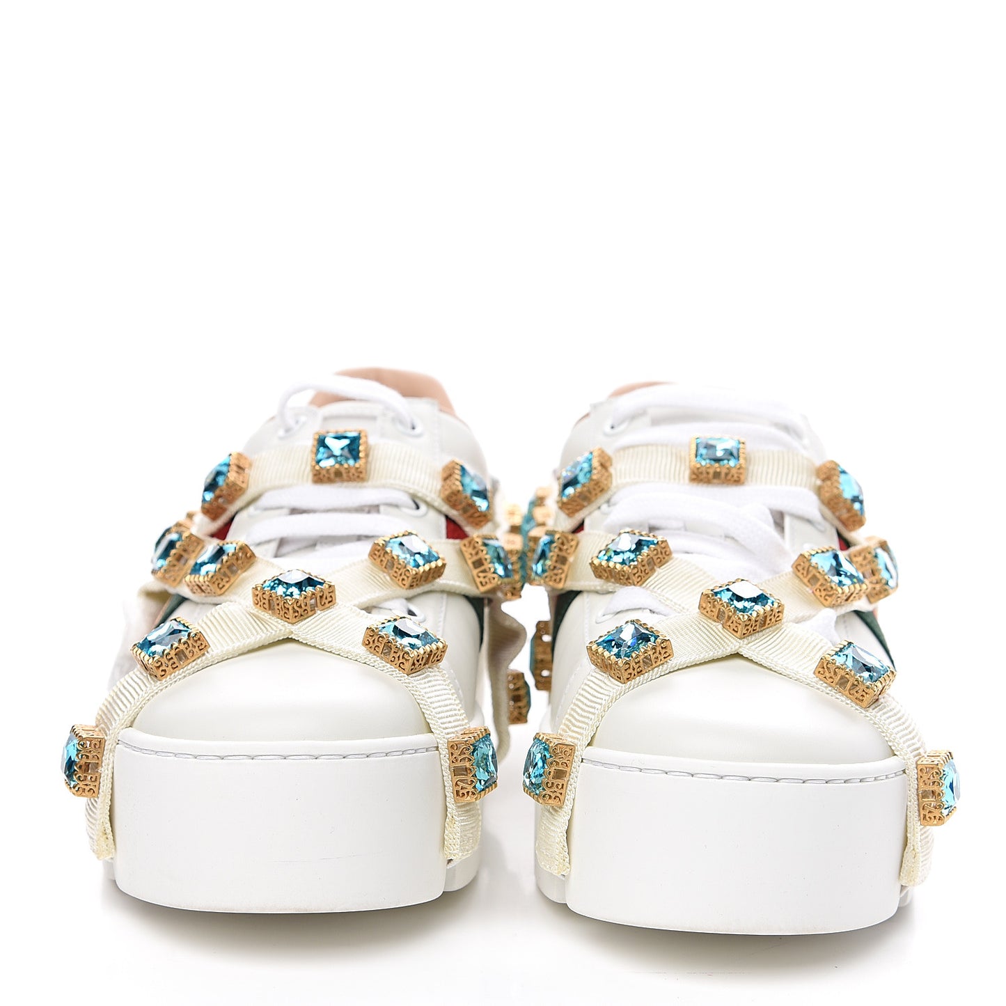 Calfskin Removable Crystals Bee Embroidered Womens Ace Platform Sneakers 37 White