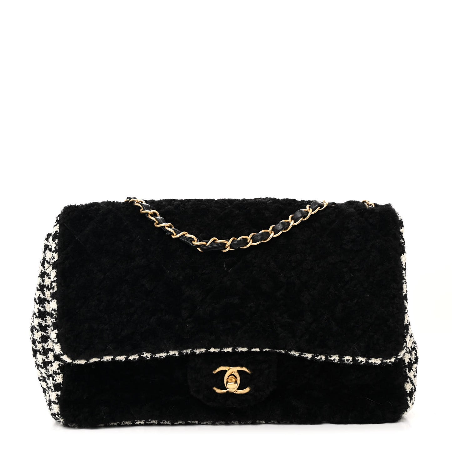 Shearling Tweed Jumbo Single Flap Black White