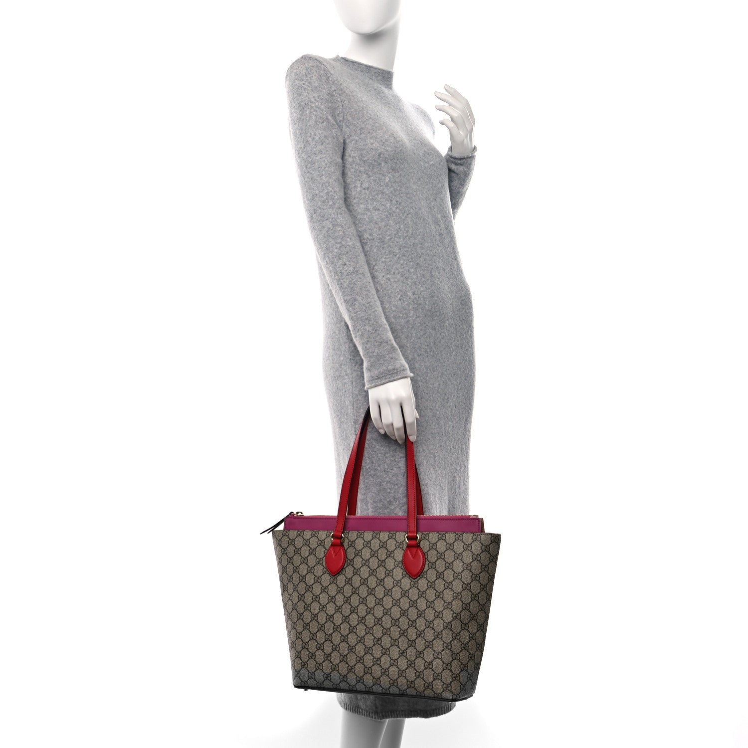 Gucci GG Supreme Monogram Medium Zippered Bucket Tote Beige Hibiscus Red New Rosette 2 of 11