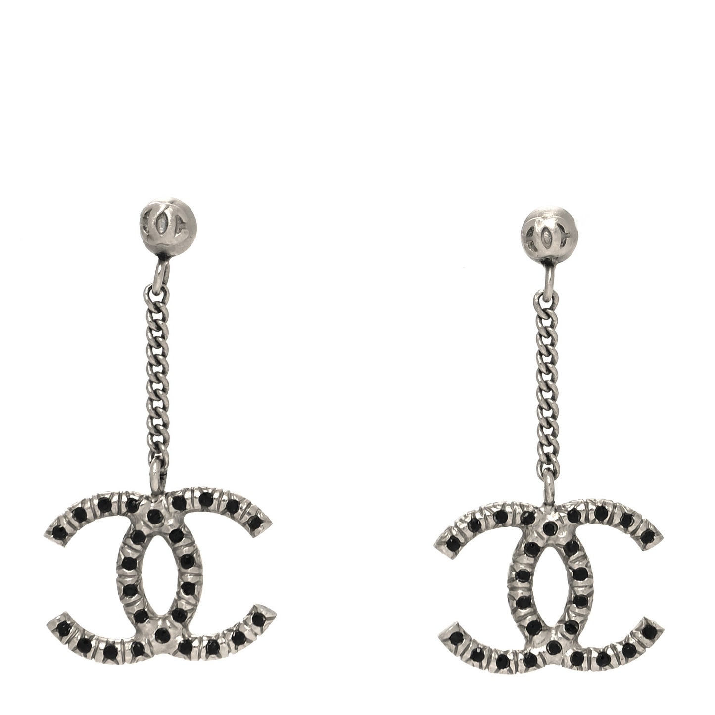 Crystal Chain CC Drop Earrings Silver Black