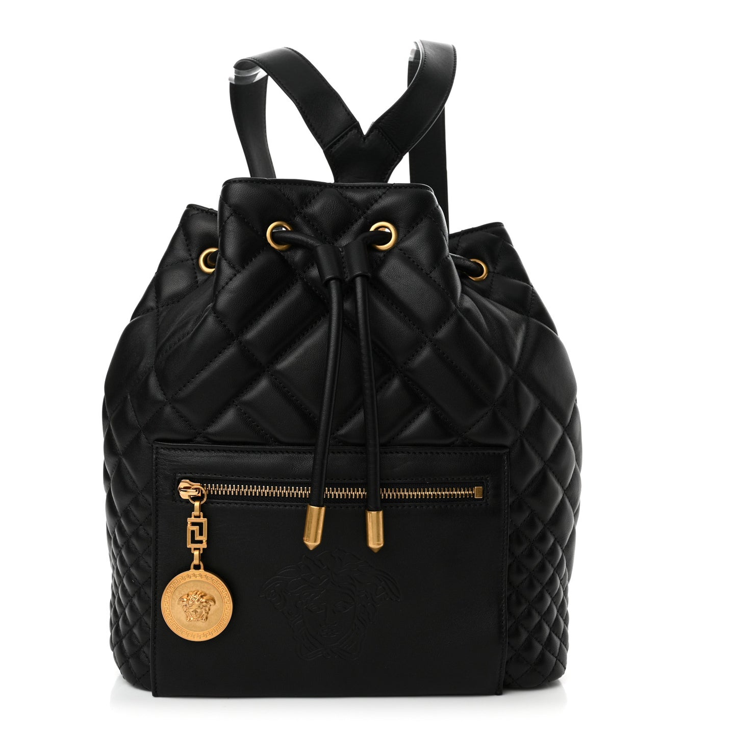Calfskin Quilted Medusa Tribute Drawstring Backpack Black