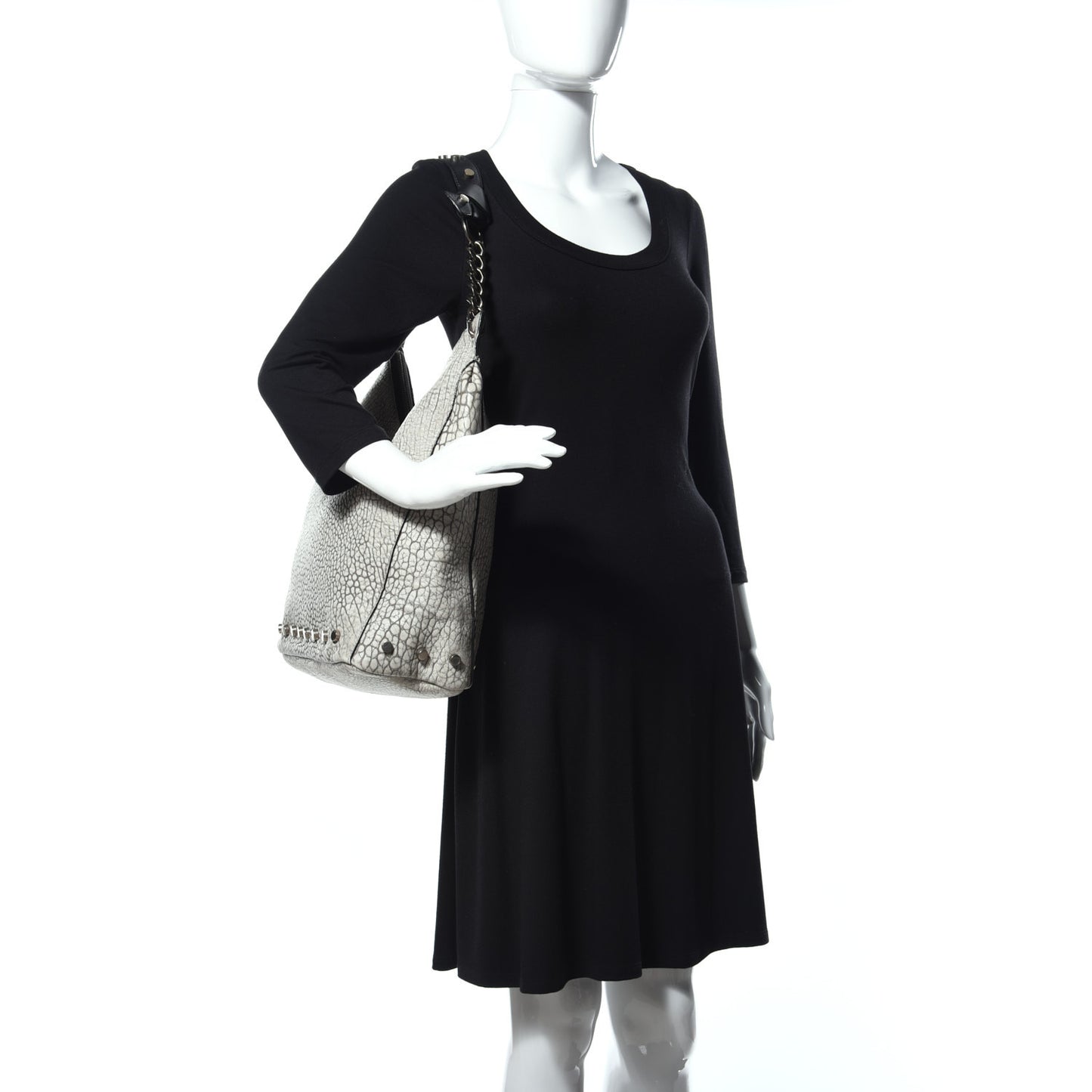 Washed Grainy Lambskin Studded Raven Hobo White Black