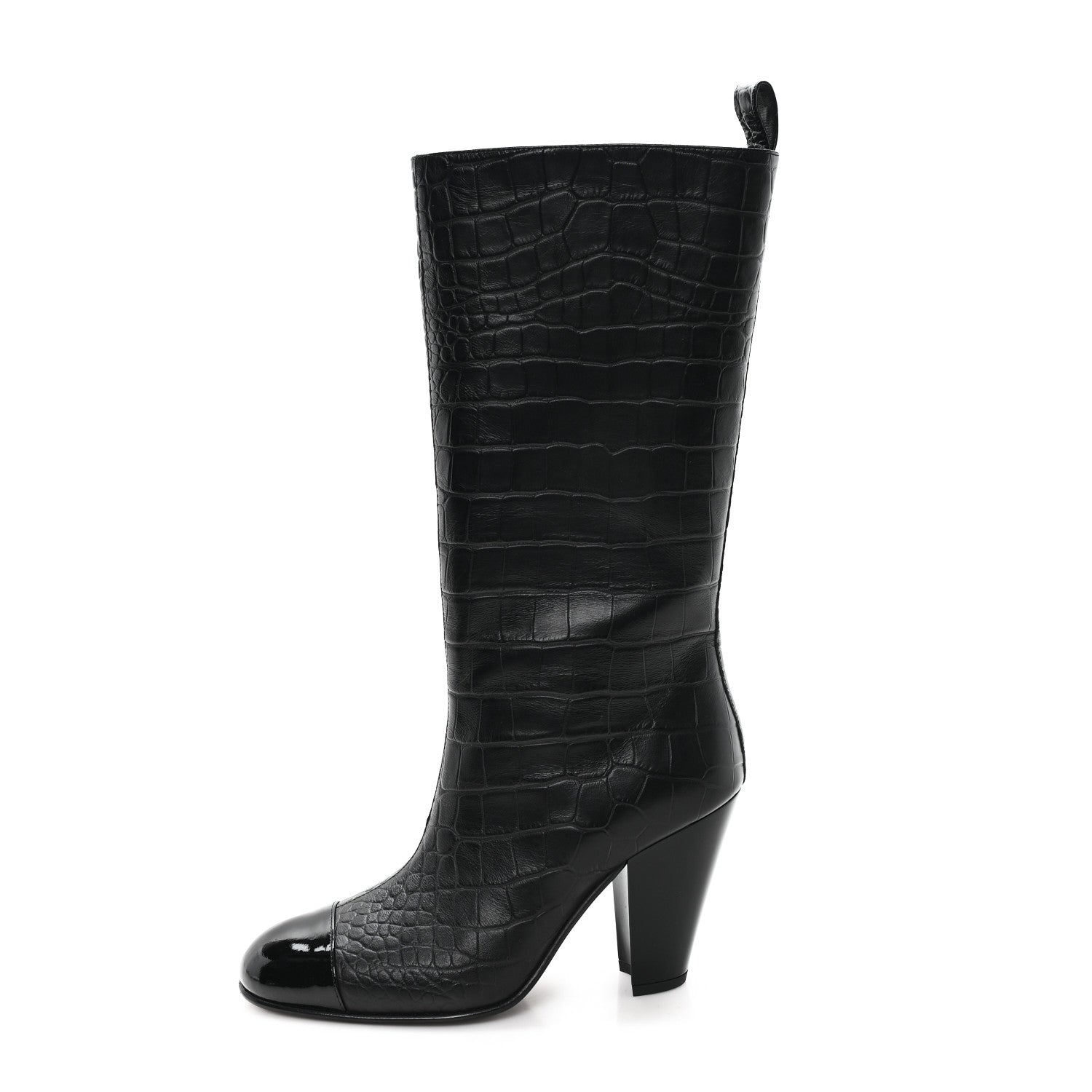 Chanel Calfskin Crocodile Embossed Cap Toe High Boots 38 Black