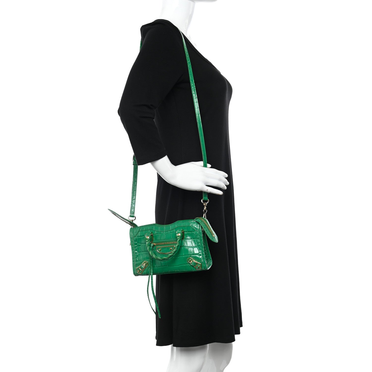 Balenciaga Shiny Supple Calfskin Crocodile Embossed Gold Metallic Edge Hardware Nano City Leaf Green 2 of 10