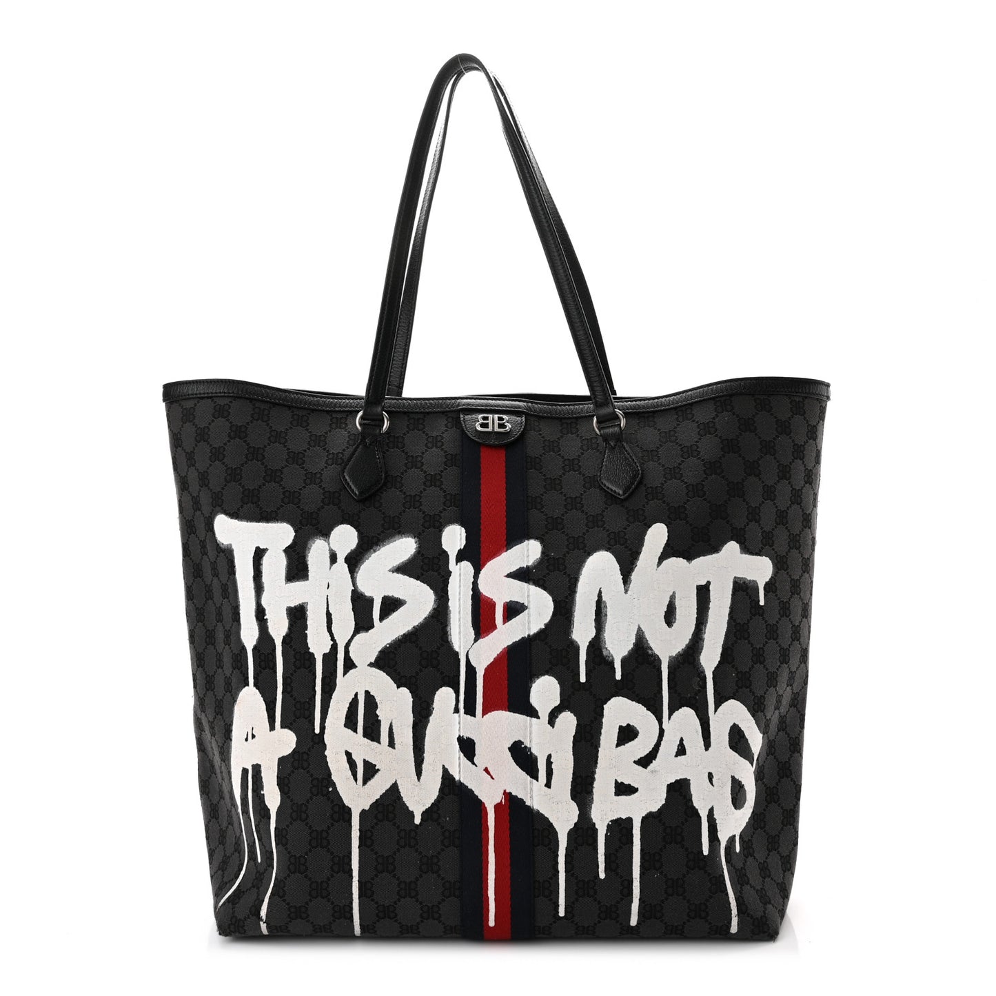 X BALENCIAGA BB Monogram Web Graffiti Large Ophidia Shopping Tote Black