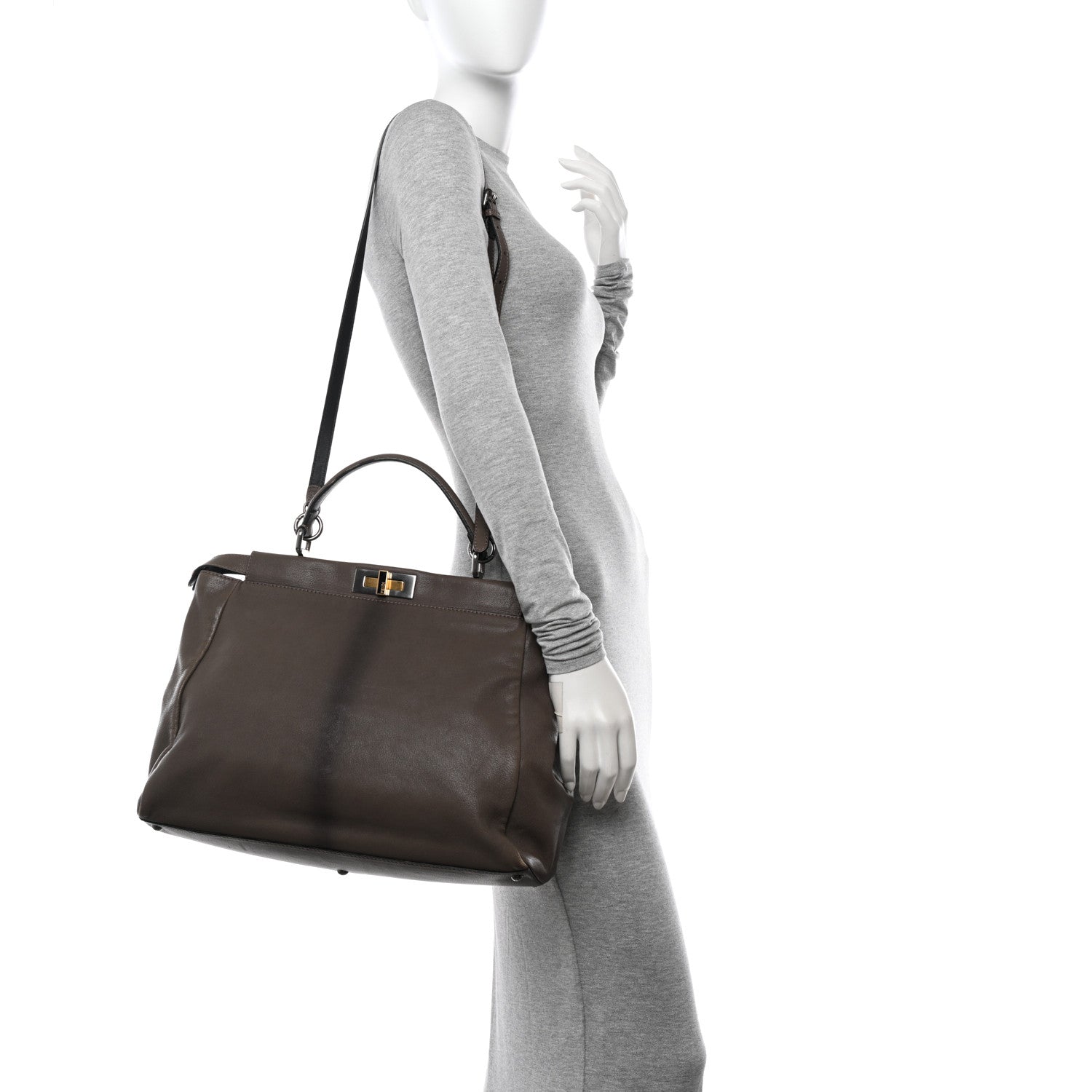Fendi Goatskin Zucca Large Peekaboo Iconic Satchel Taupe Tobacco Moro Tortora 2 of 14