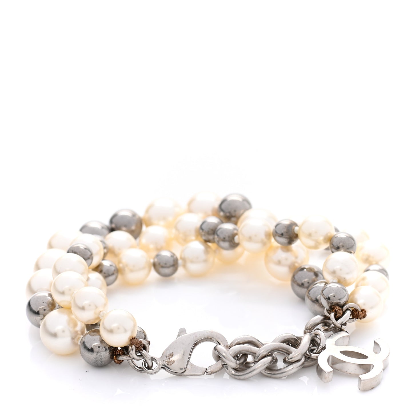 Pearl Bead CC Multi Strand Bracelet White Silver