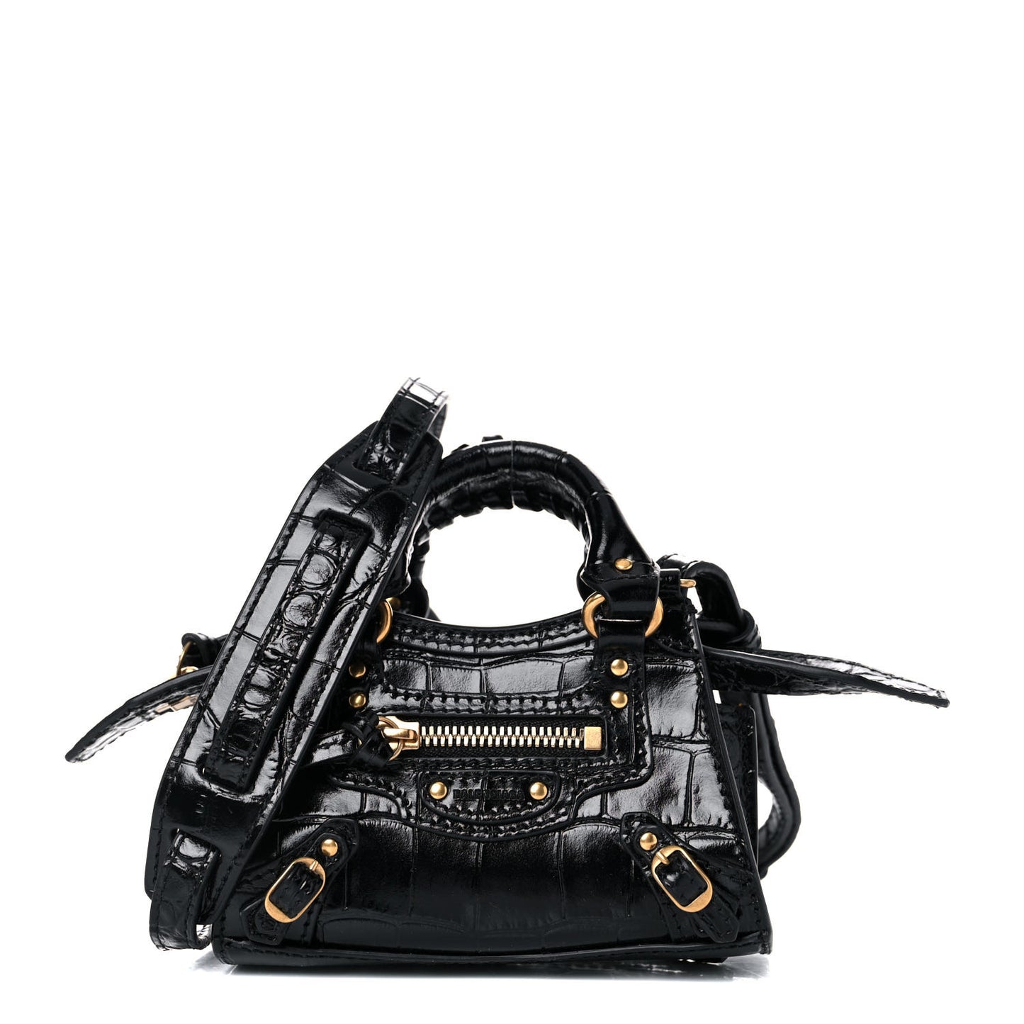 Shiny Supple Calfskin Crocodile Embossed Neo Classic Gold Hardware Super Nano City Crossbody Black