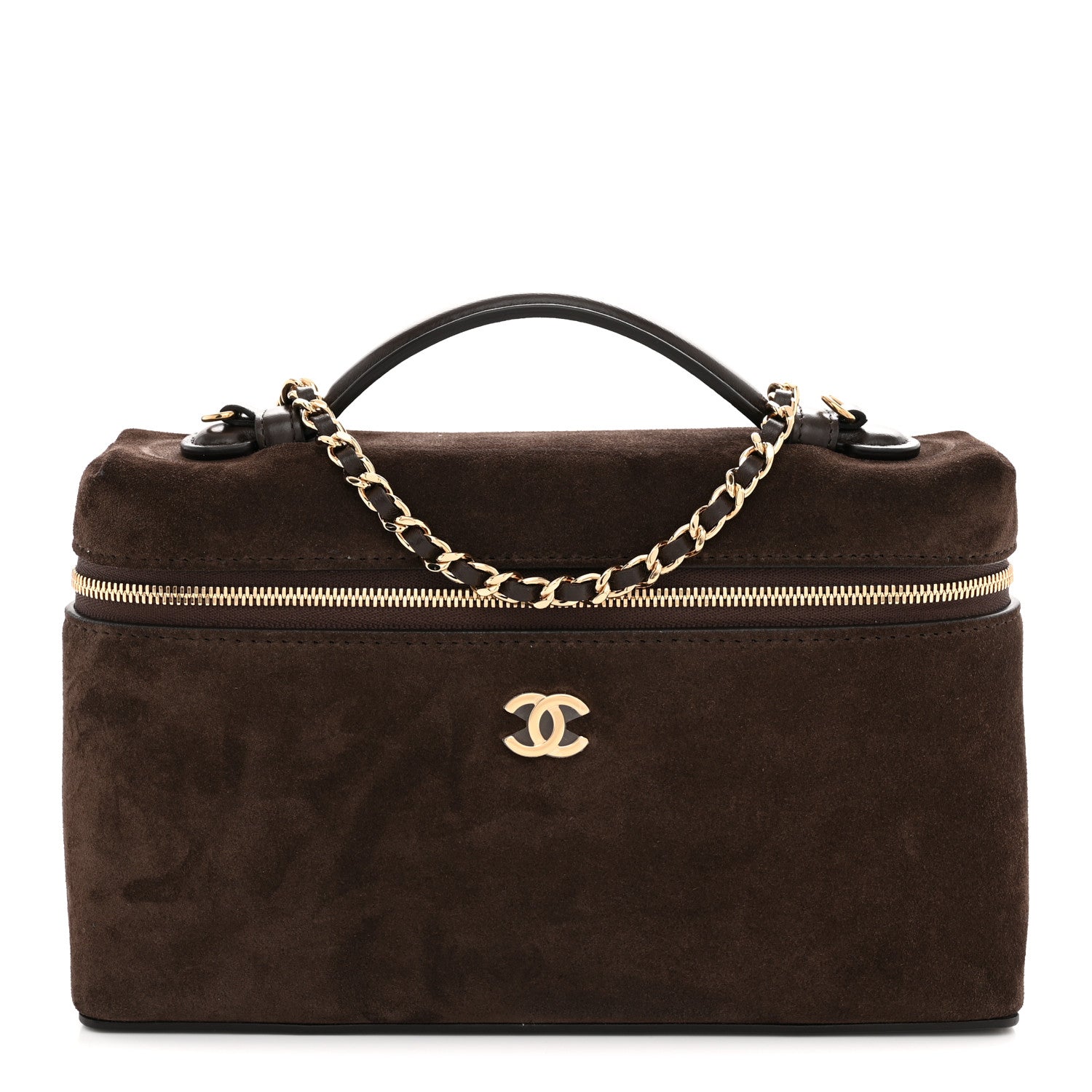Chanel Suede Calfskin Large Trapeze Vanity With Chain Dark Brown