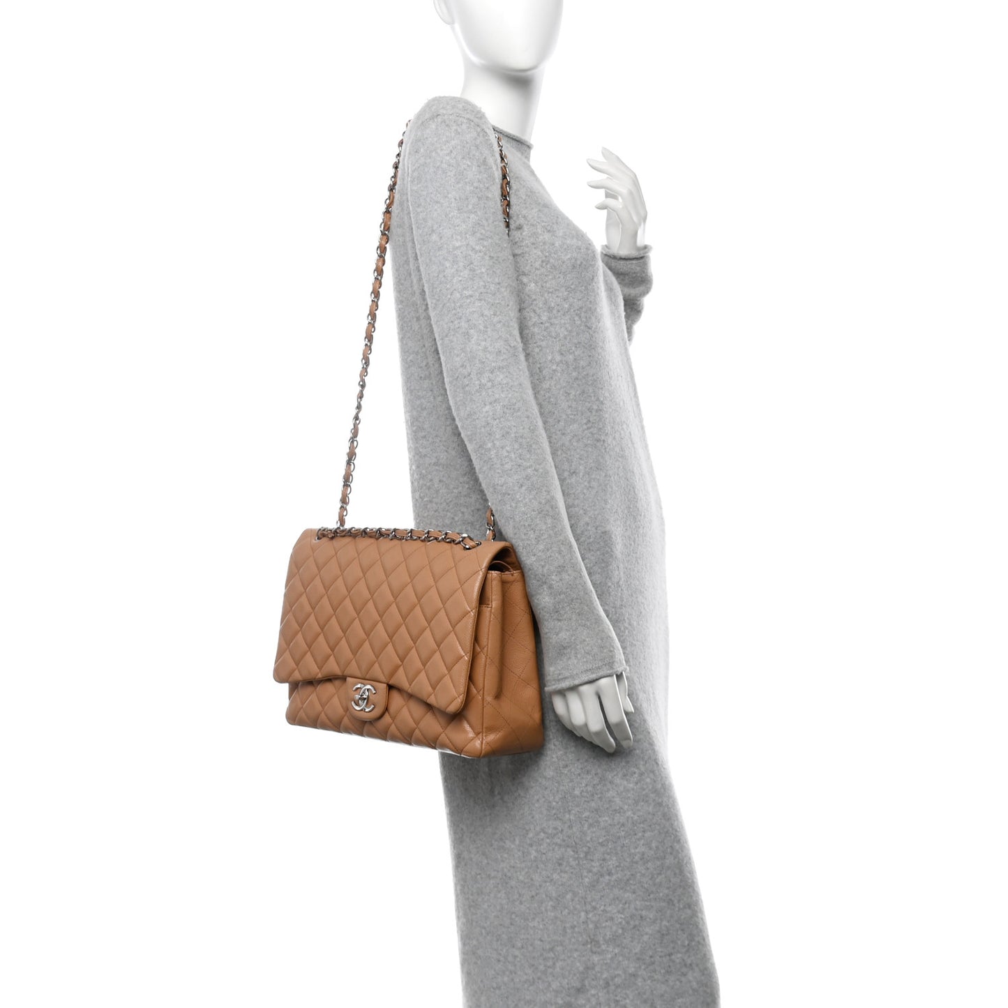 Caviar Quilted Maxi Double Flap Dark Beige