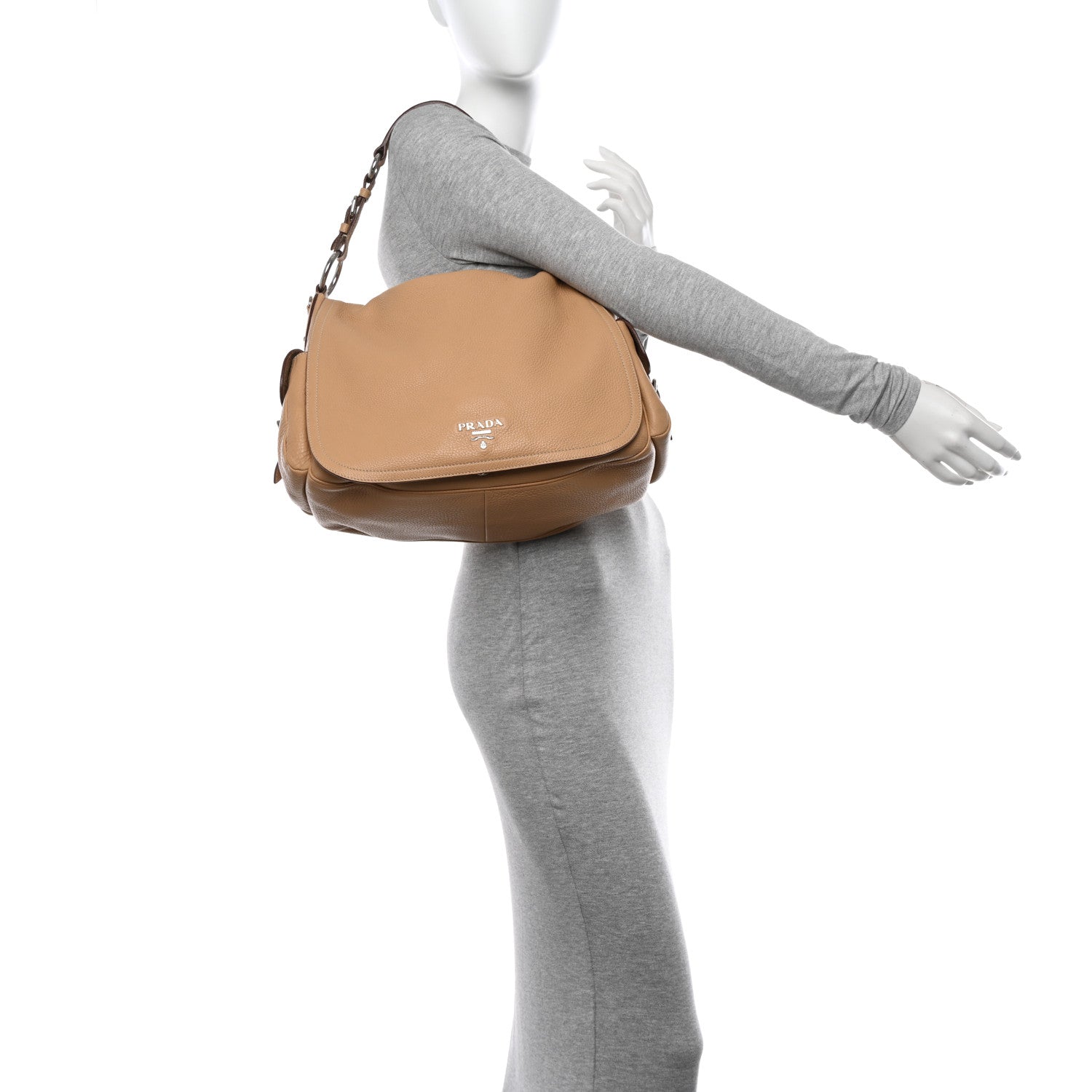 Prada Vitello Daino Side Pocket Flap Hobo Sabbia 2 of 16