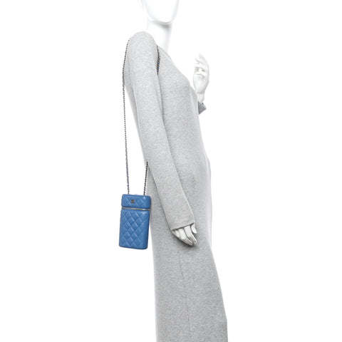 Caviar Quilted Phone Holder With Chain Blue