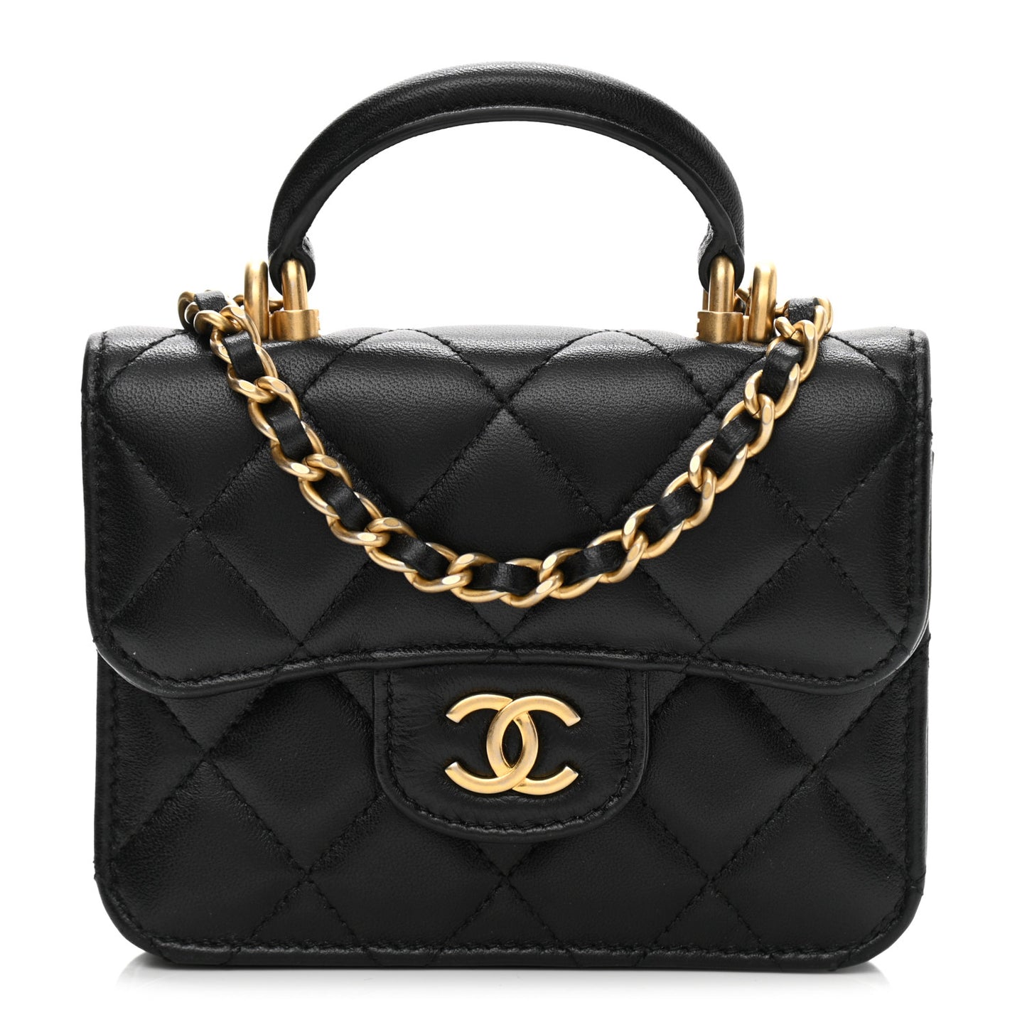Lambskin Quilted Top Handle Flap Coin Purse With Chain Black