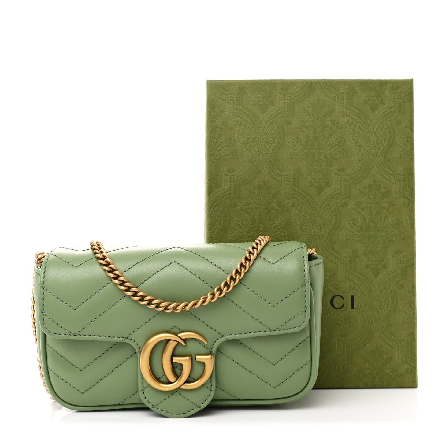 Calfskin Matelasse Super Mini GG Marmont Shoulder Bag Salamander Green